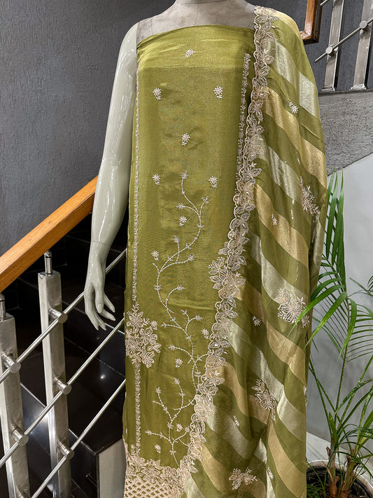 Olive Green Shimmer Unstitched Churidar Set with Embroidered Dupatta & Russian Silk Bottom