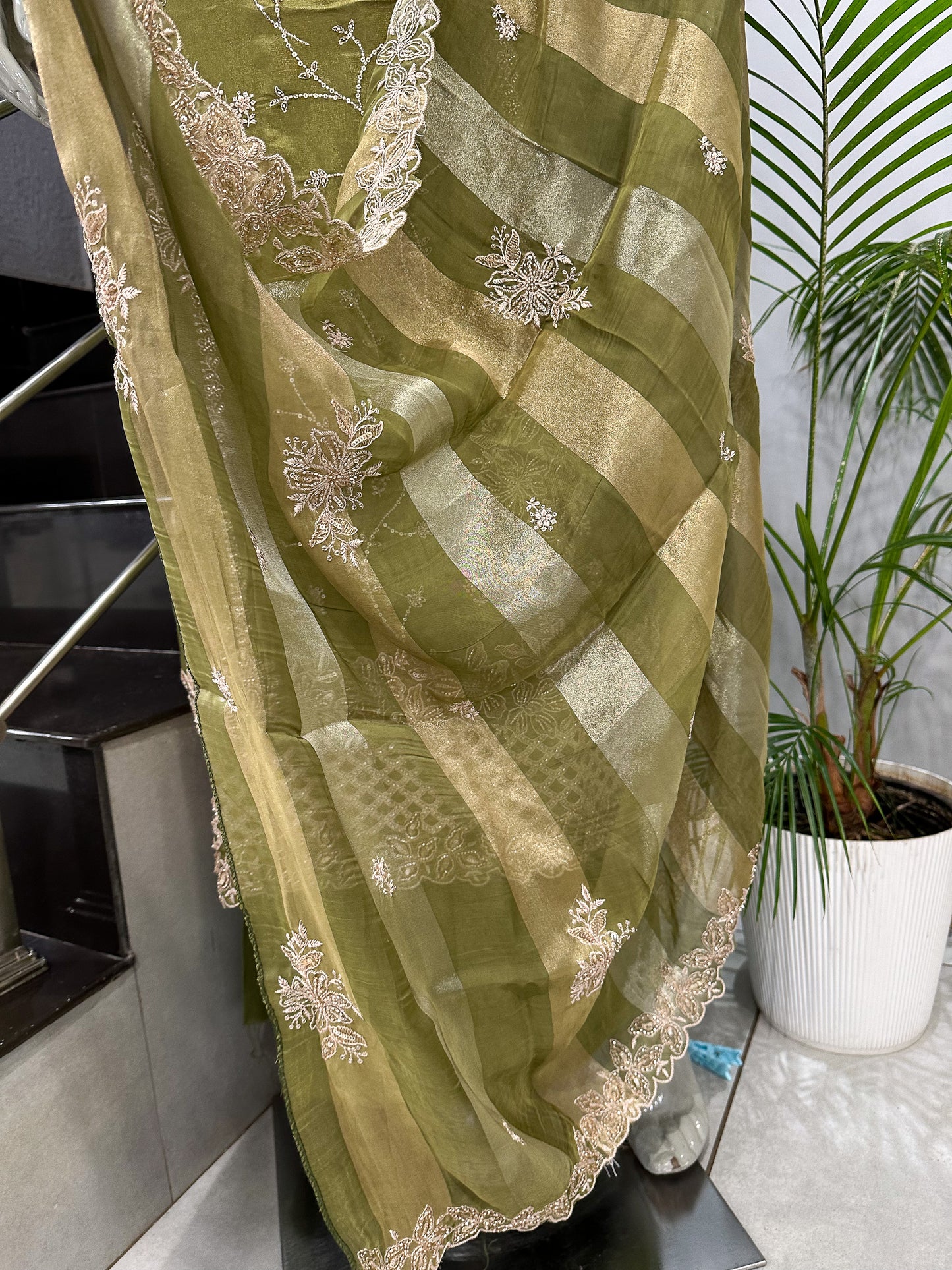 Olive Green Shimmer Unstitched Churidar Set with Embroidered Dupatta & Russian Silk Bottom