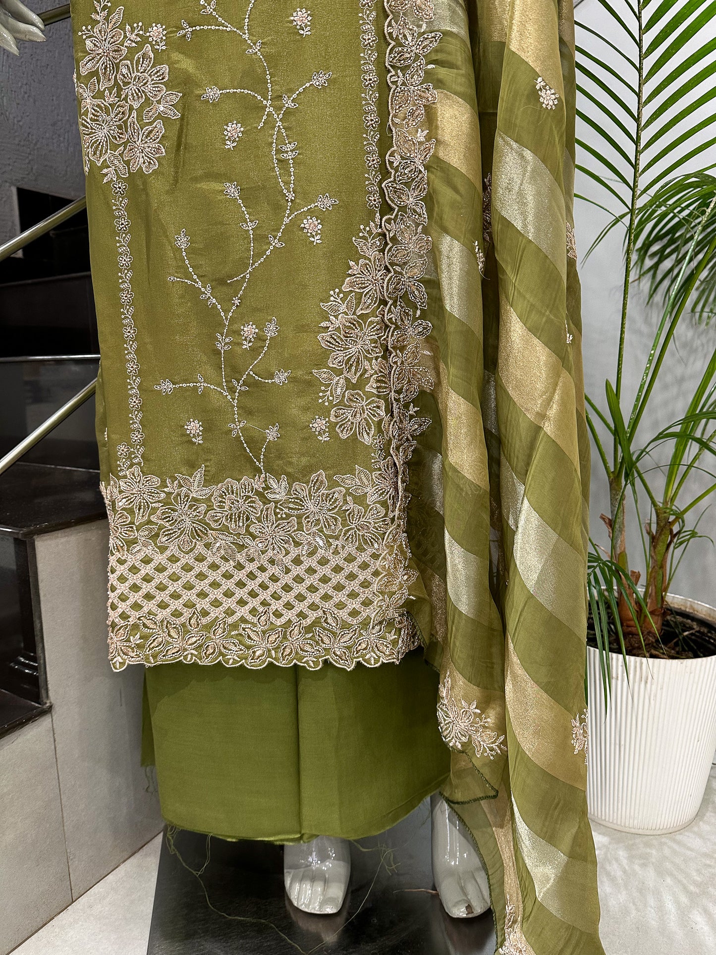Olive Green Shimmer Unstitched Churidar Set with Embroidered Dupatta & Russian Silk Bottom