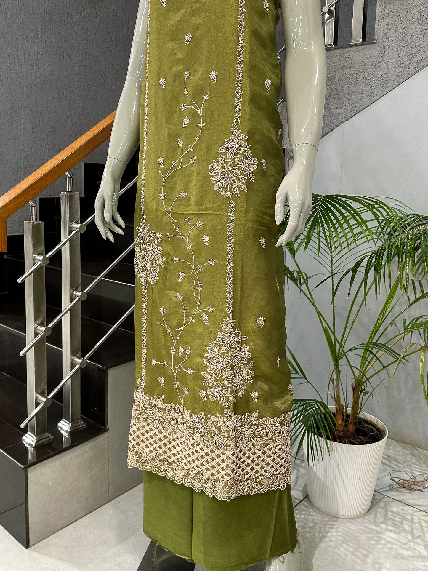 Olive Green Shimmer Unstitched Churidar Set with Embroidered Dupatta & Russian Silk Bottom