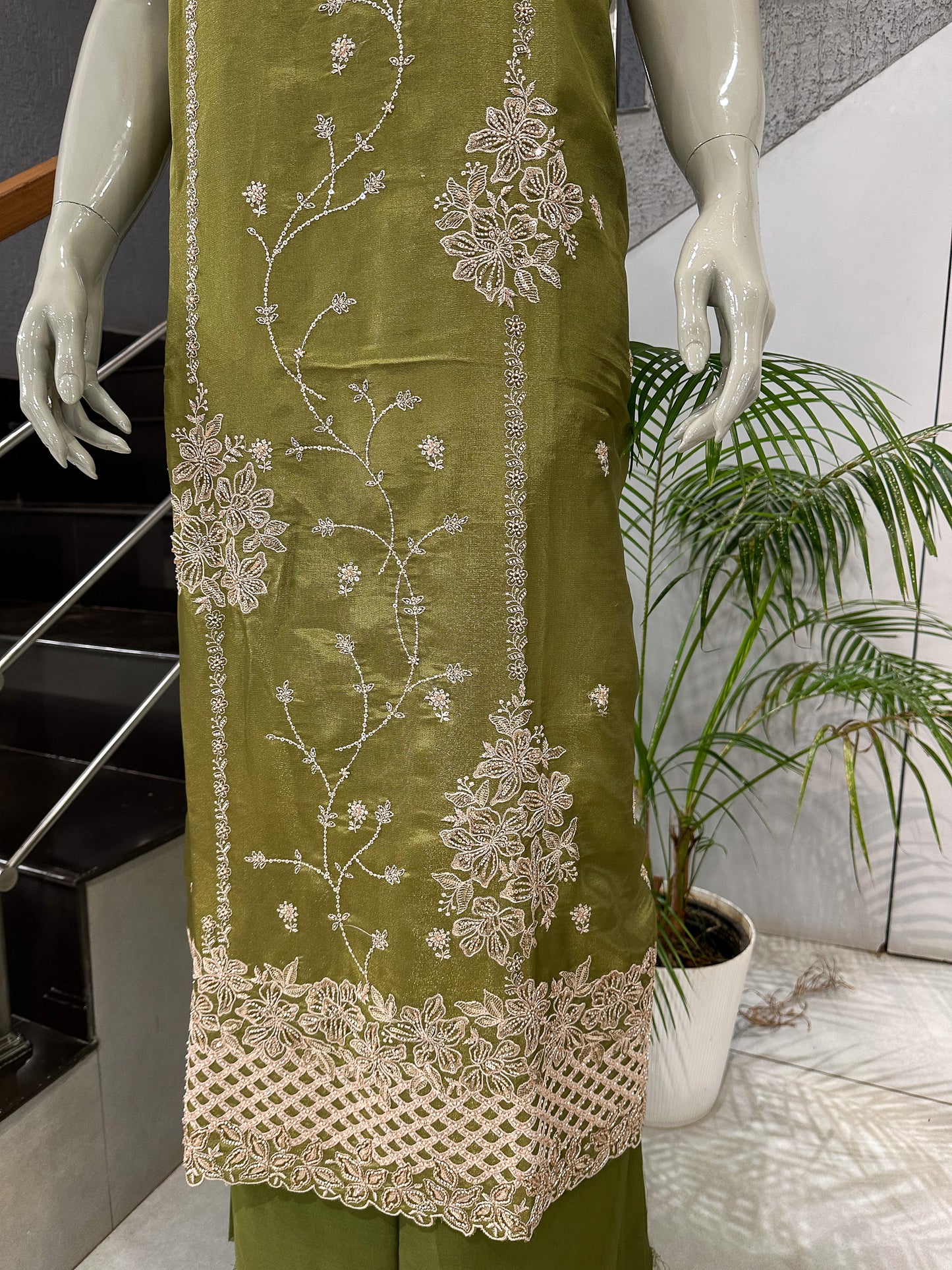 Olive Green Shimmer Unstitched Churidar Set with Embroidered Dupatta & Russian Silk Bottom