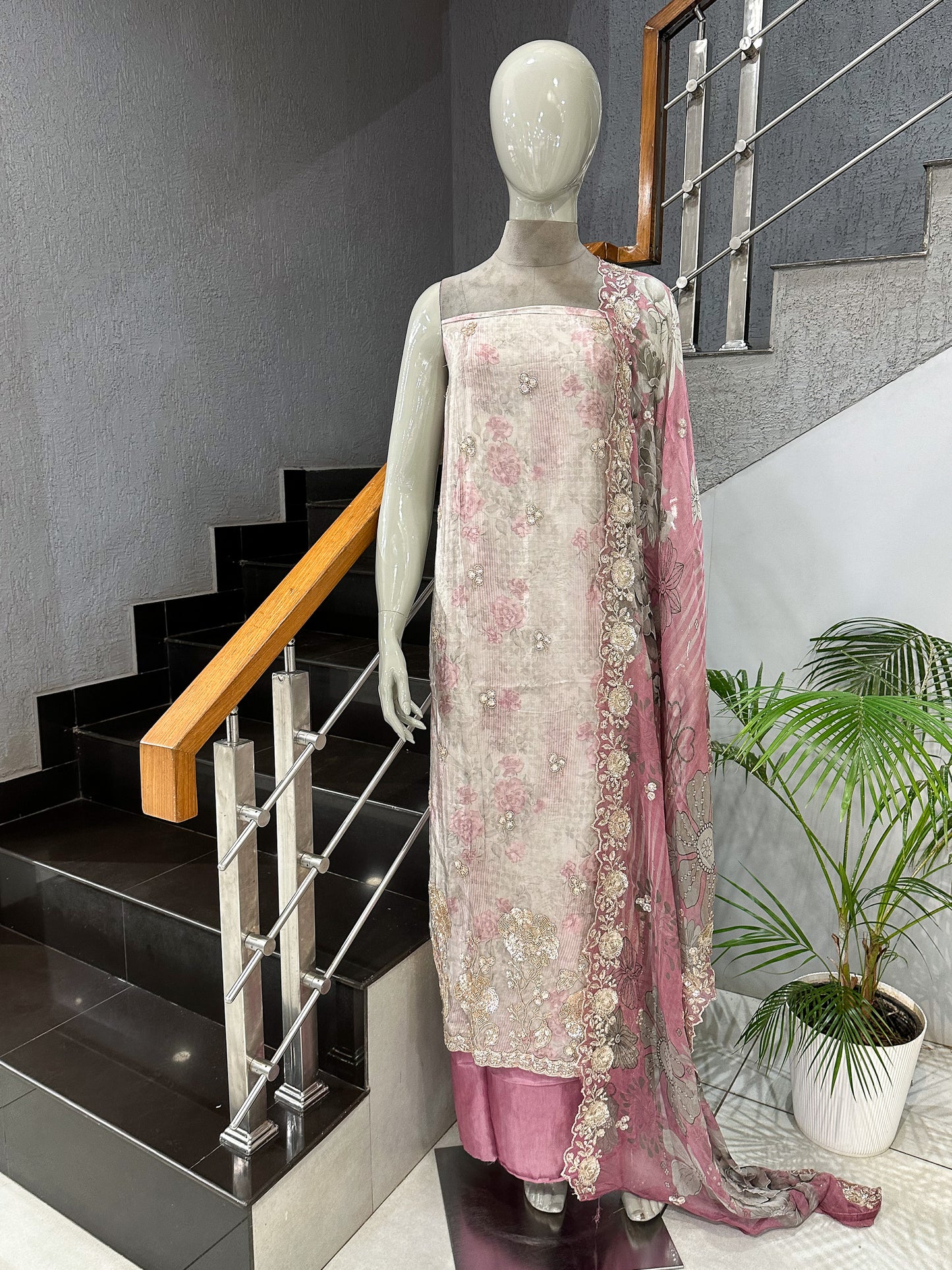 Pastel Floral Digital Print Organza Unstitched Churidar Set with Chiffon Dupatta & Russian Silk Bottom