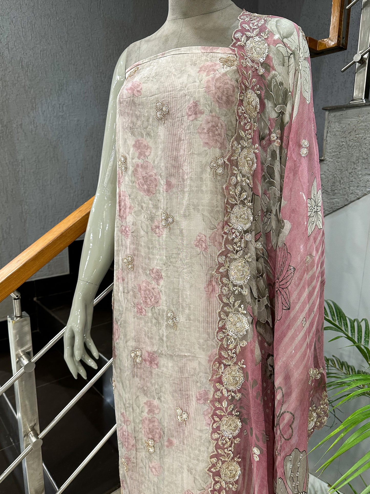 Pastel Floral Digital Print Organza Unstitched Churidar Set with Chiffon Dupatta & Russian Silk Bottom