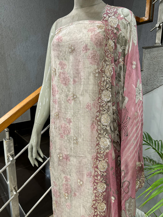 Pastel Floral Digital Print Organza Unstitched Churidar Set with Chiffon Dupatta & Russian Silk Bottom