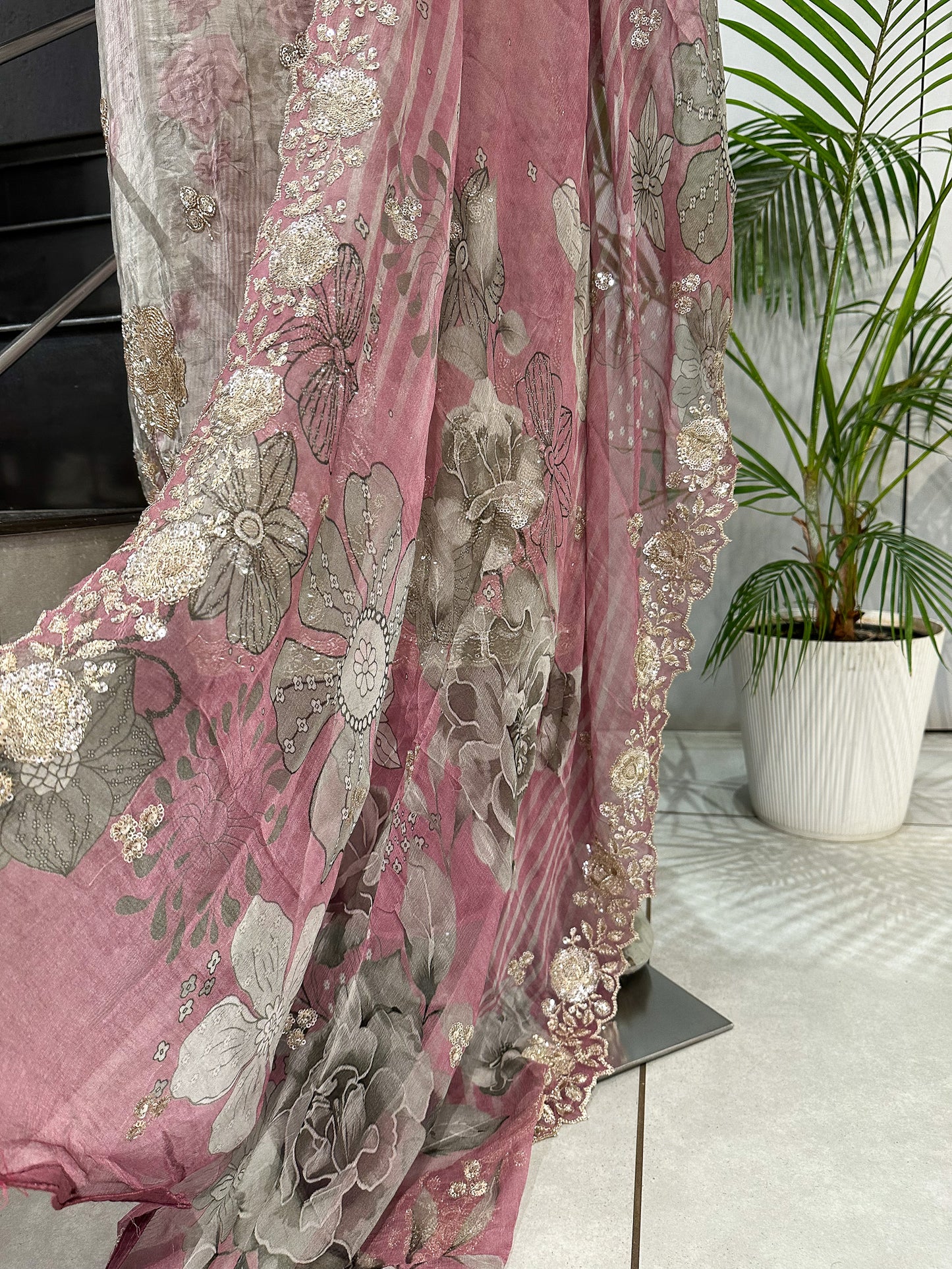 Pastel Floral Digital Print Organza Unstitched Churidar Set with Chiffon Dupatta & Russian Silk Bottom