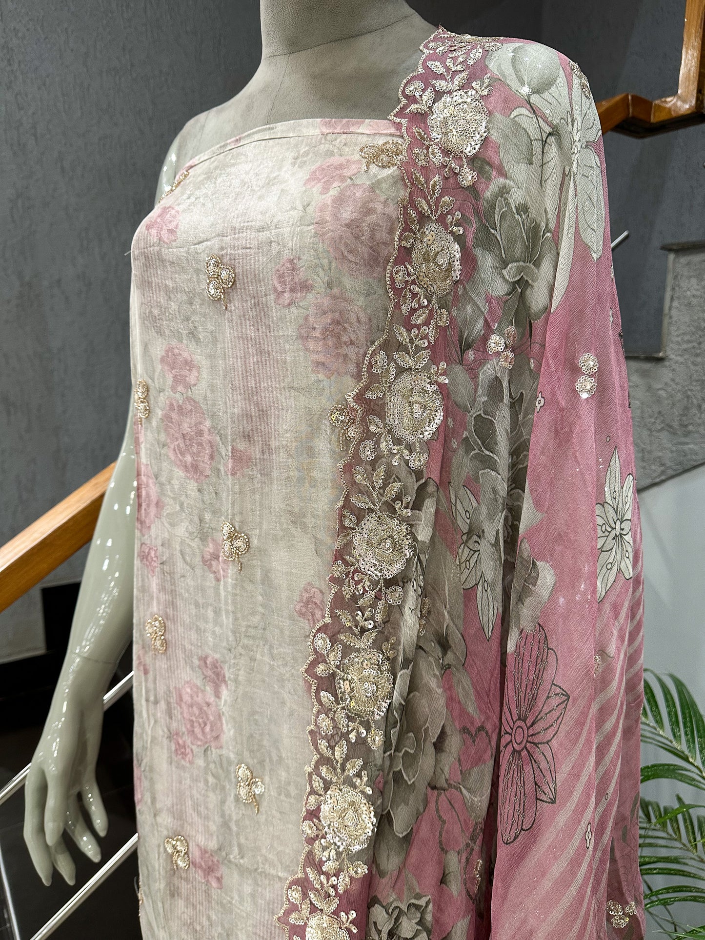 Pastel Floral Digital Print Organza Unstitched Churidar Set with Chiffon Dupatta & Russian Silk Bottom