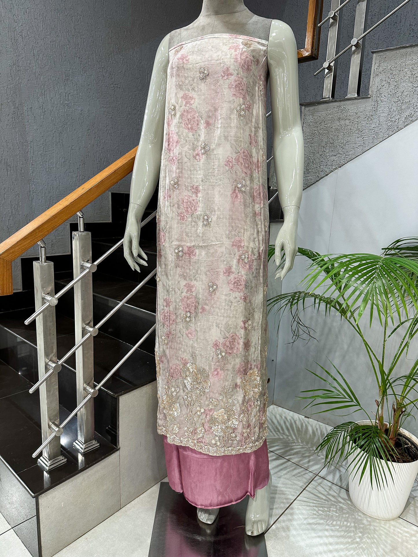 Pastel Floral Digital Print Organza Unstitched Churidar Set with Chiffon Dupatta & Russian Silk Bottom
