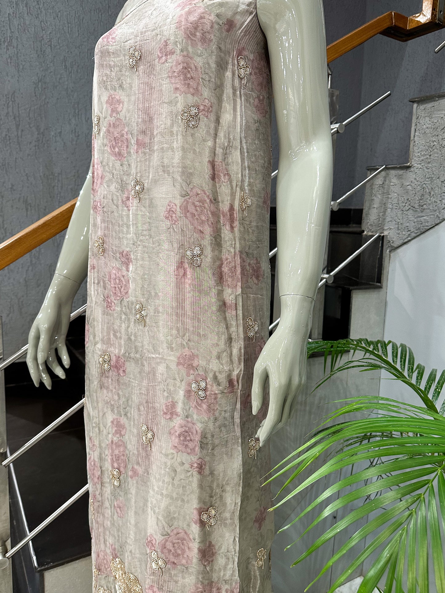 Pastel Floral Digital Print Organza Unstitched Churidar Set with Chiffon Dupatta & Russian Silk Bottom