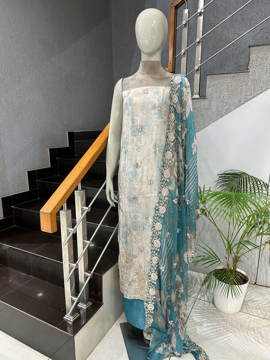 Teal Pastel Floral Digital Print Organza Unstitched Churidar Set with Chiffon Dupatta & Russian Silk Bottom