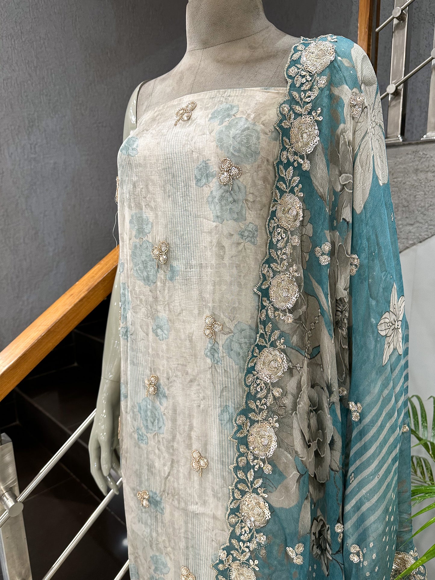Teal Pastel Floral Digital Print Organza Unstitched Churidar Set with Chiffon Dupatta & Russian Silk Bottom