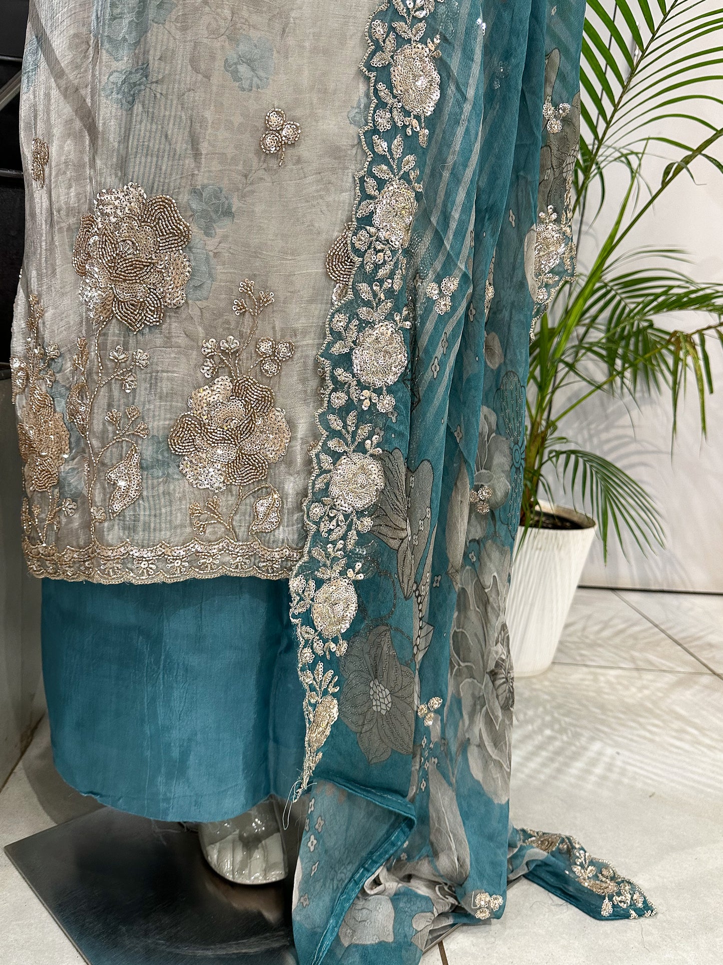 Teal Pastel Floral Digital Print Organza Unstitched Churidar Set with Chiffon Dupatta & Russian Silk Bottom