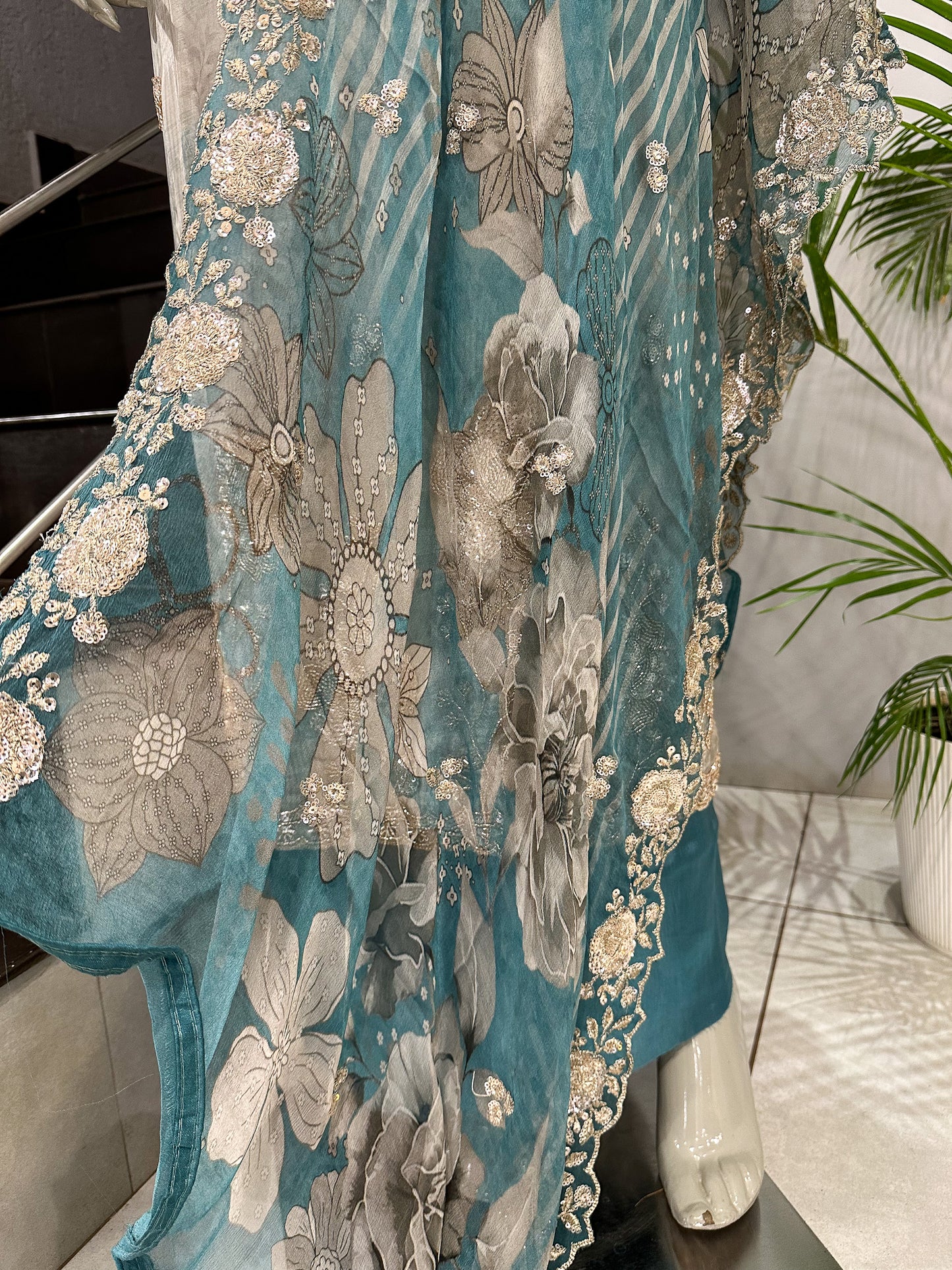 Teal Pastel Floral Digital Print Organza Unstitched Churidar Set with Chiffon Dupatta & Russian Silk Bottom