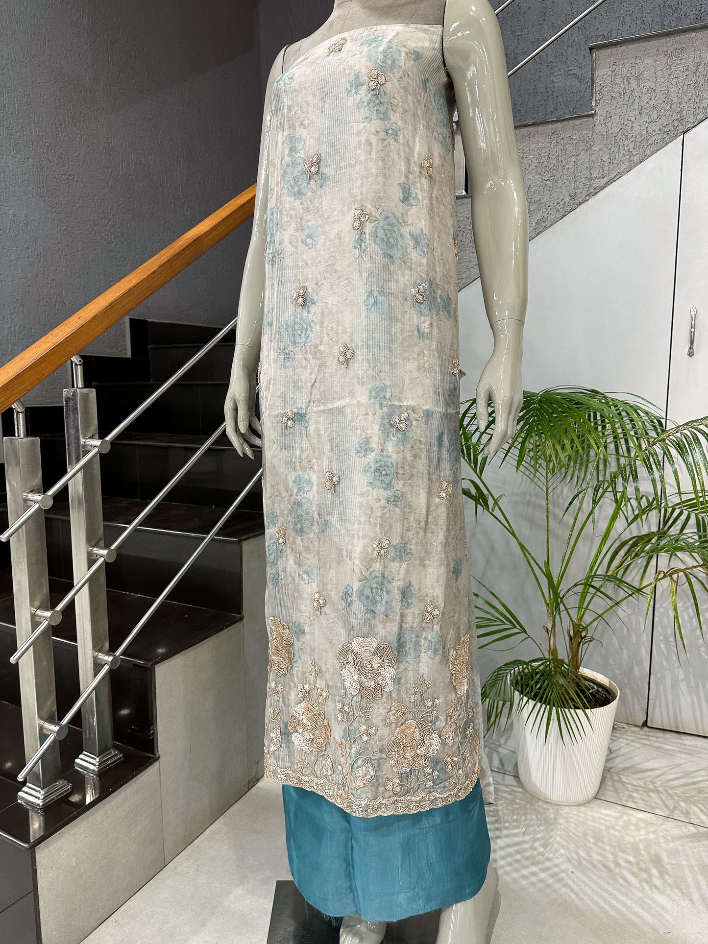 Teal Pastel Floral Digital Print Organza Unstitched Churidar Set with Chiffon Dupatta & Russian Silk Bottom