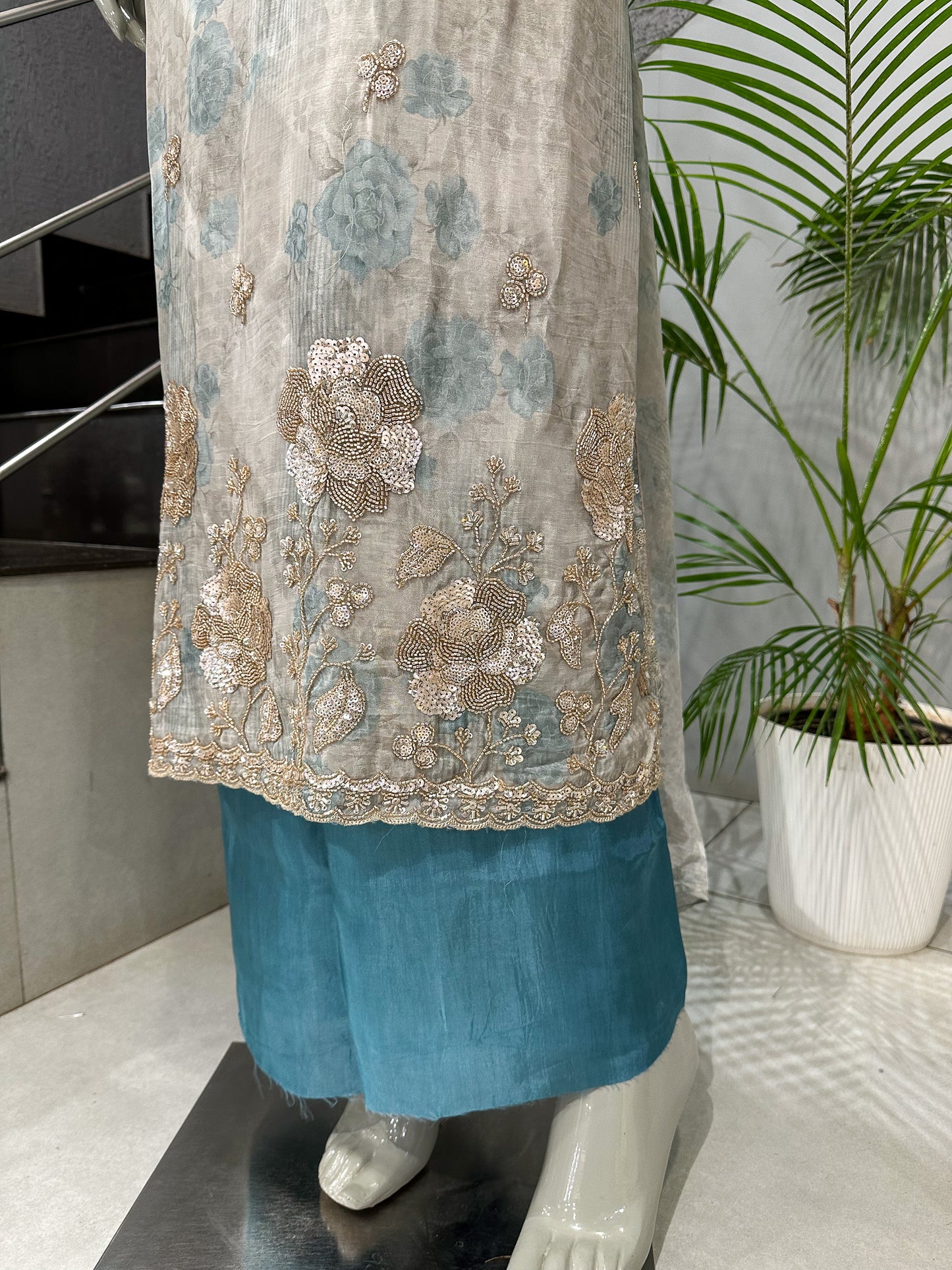 Teal Pastel Floral Digital Print Organza Unstitched Churidar Set with Chiffon Dupatta & Russian Silk Bottom