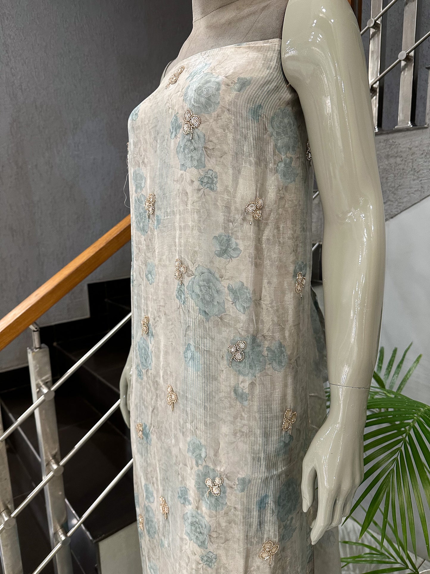 Teal Pastel Floral Digital Print Organza Unstitched Churidar Set with Chiffon Dupatta & Russian Silk Bottom