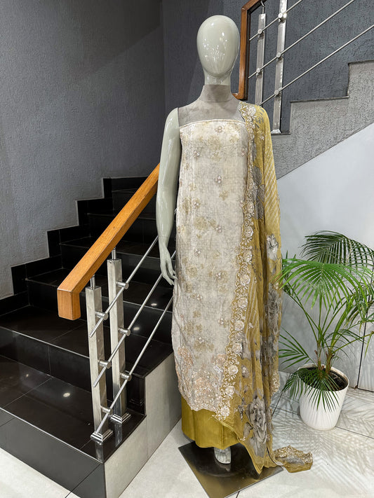 Mustard Gold Floral Digital Print Organza Unstitched Churidar Set with Chiffon Dupatta & Russian Silk Bottom