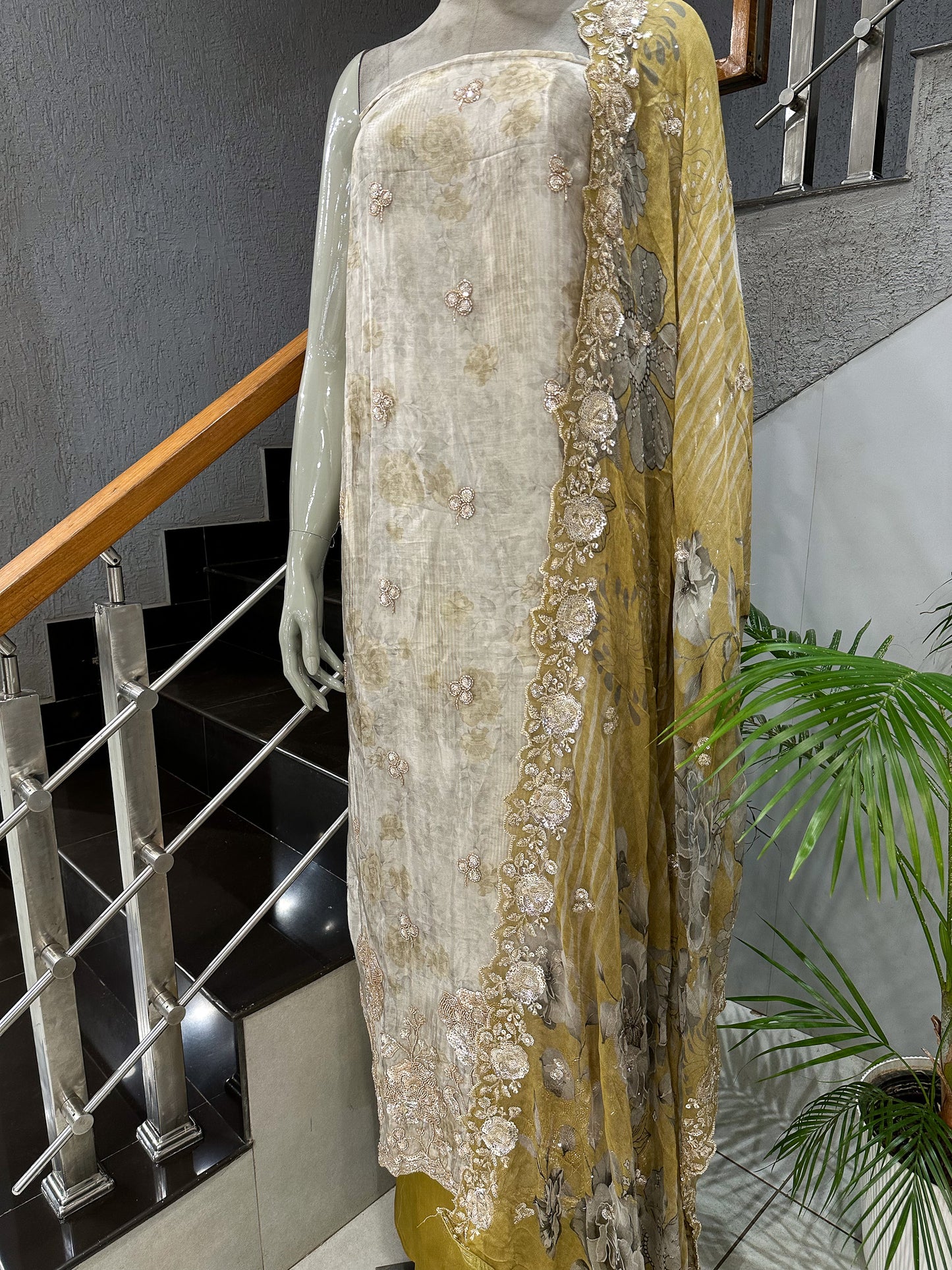 Mustard Gold Floral Digital Print Organza Unstitched Churidar Set with Chiffon Dupatta & Russian Silk Bottom