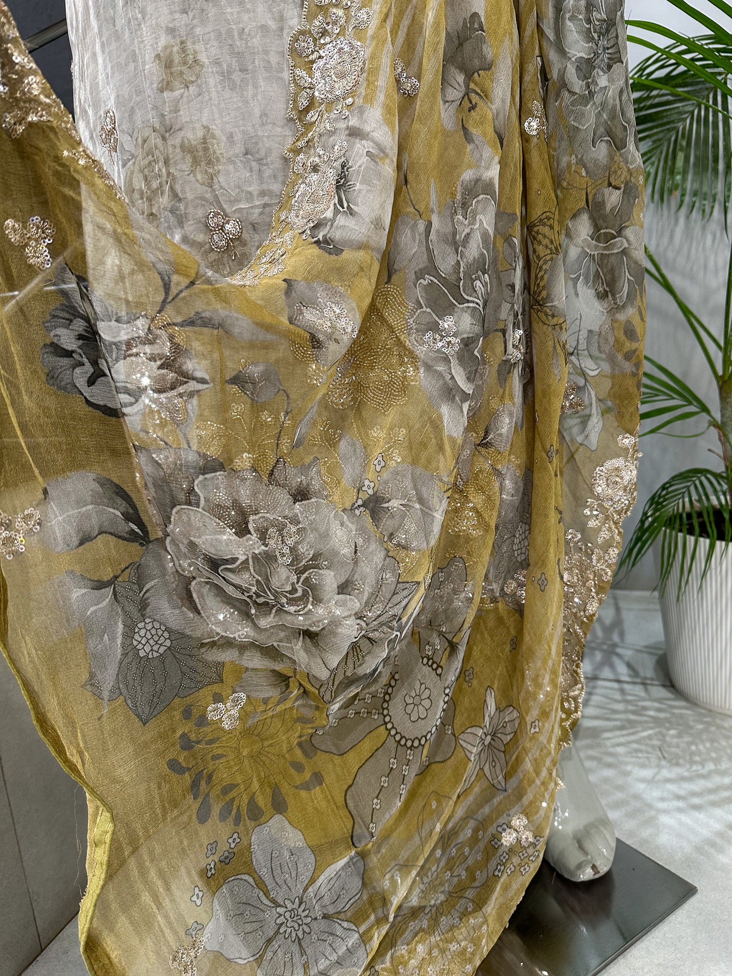 Mustard Gold Floral Digital Print Organza Unstitched Churidar Set with Chiffon Dupatta & Russian Silk Bottom