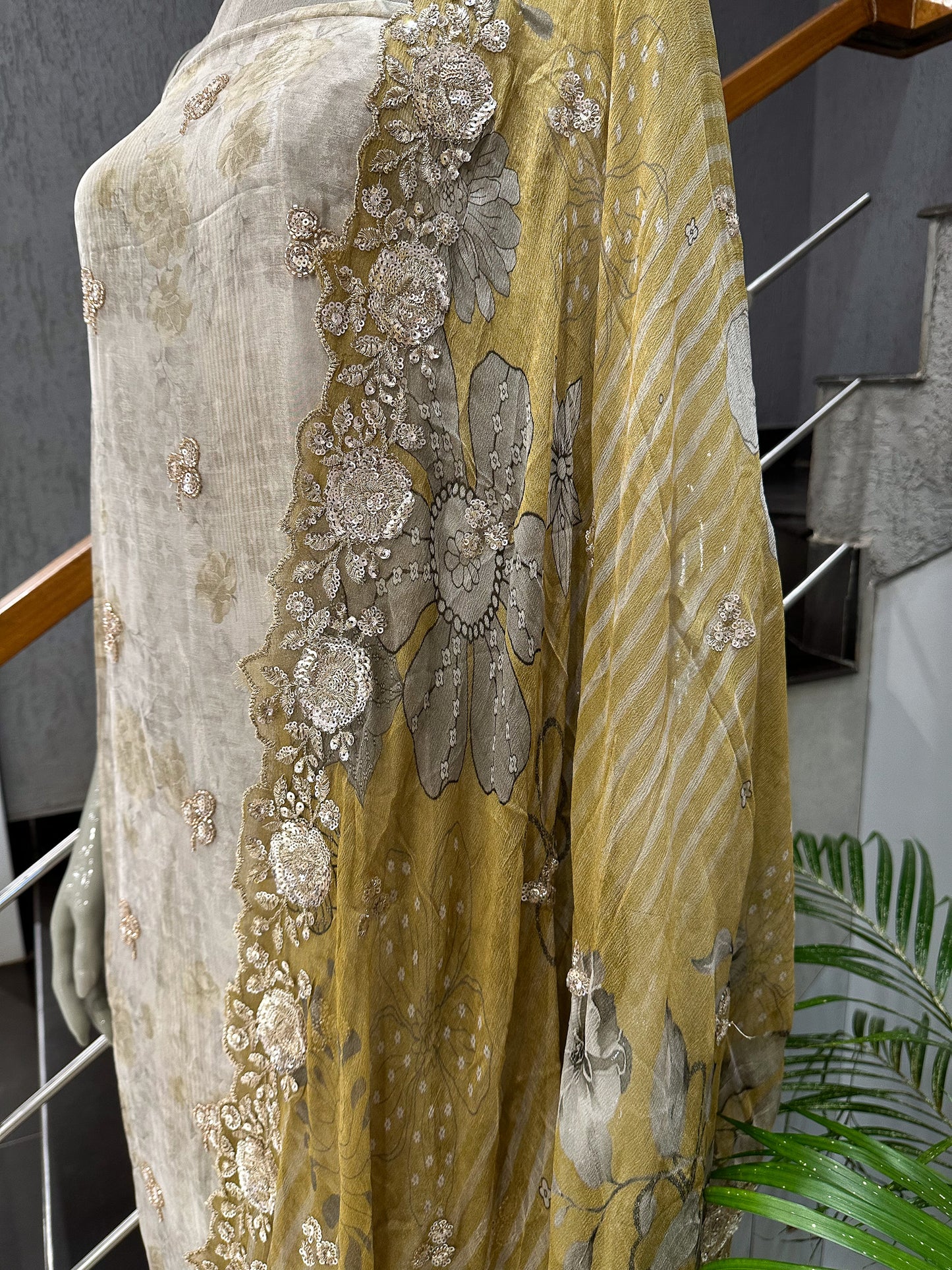 Mustard Gold Floral Digital Print Organza Unstitched Churidar Set with Chiffon Dupatta & Russian Silk Bottom