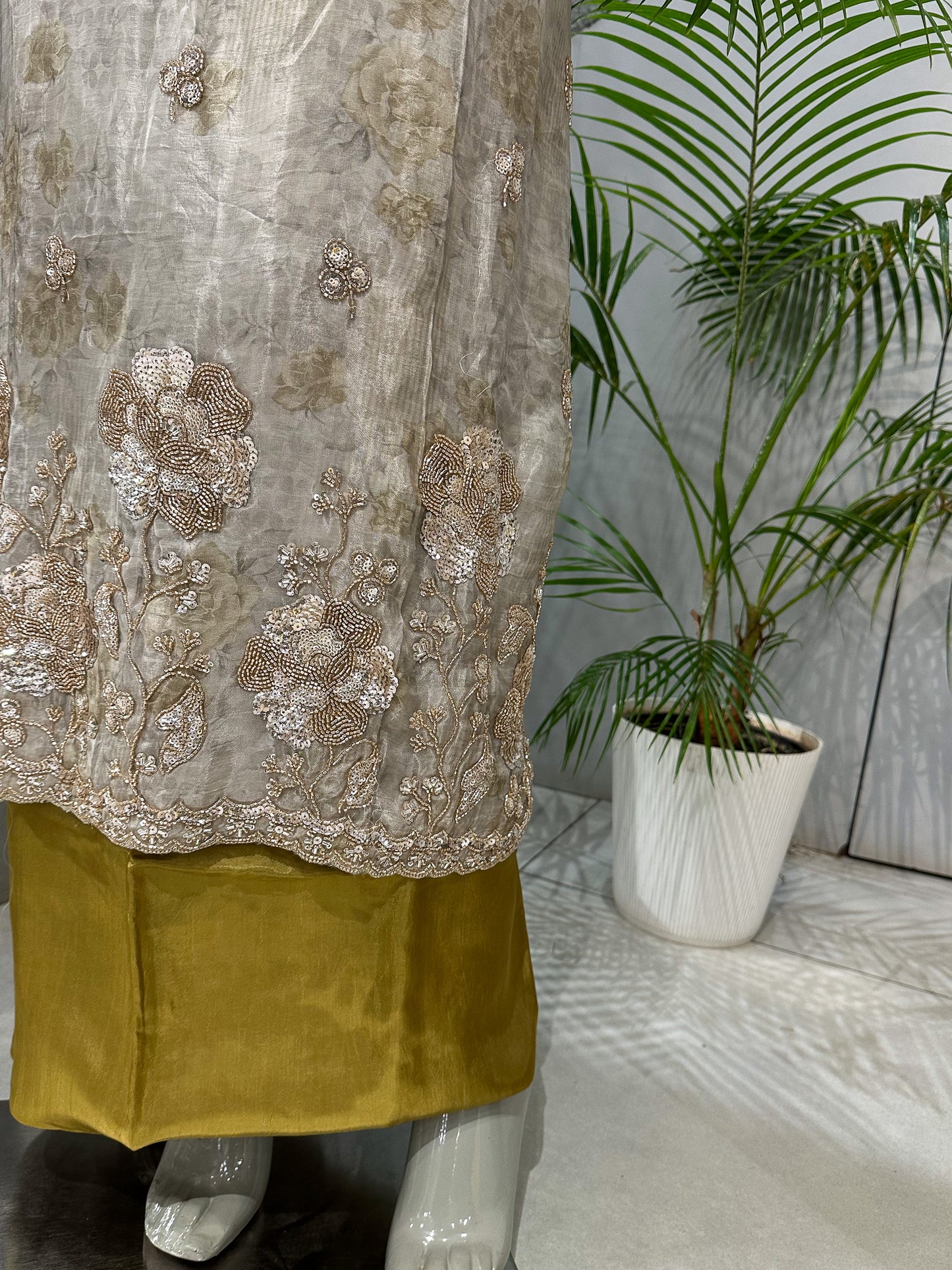 Mustard Gold Floral Digital Print Organza Unstitched Churidar Set with Chiffon Dupatta & Russian Silk Bottom
