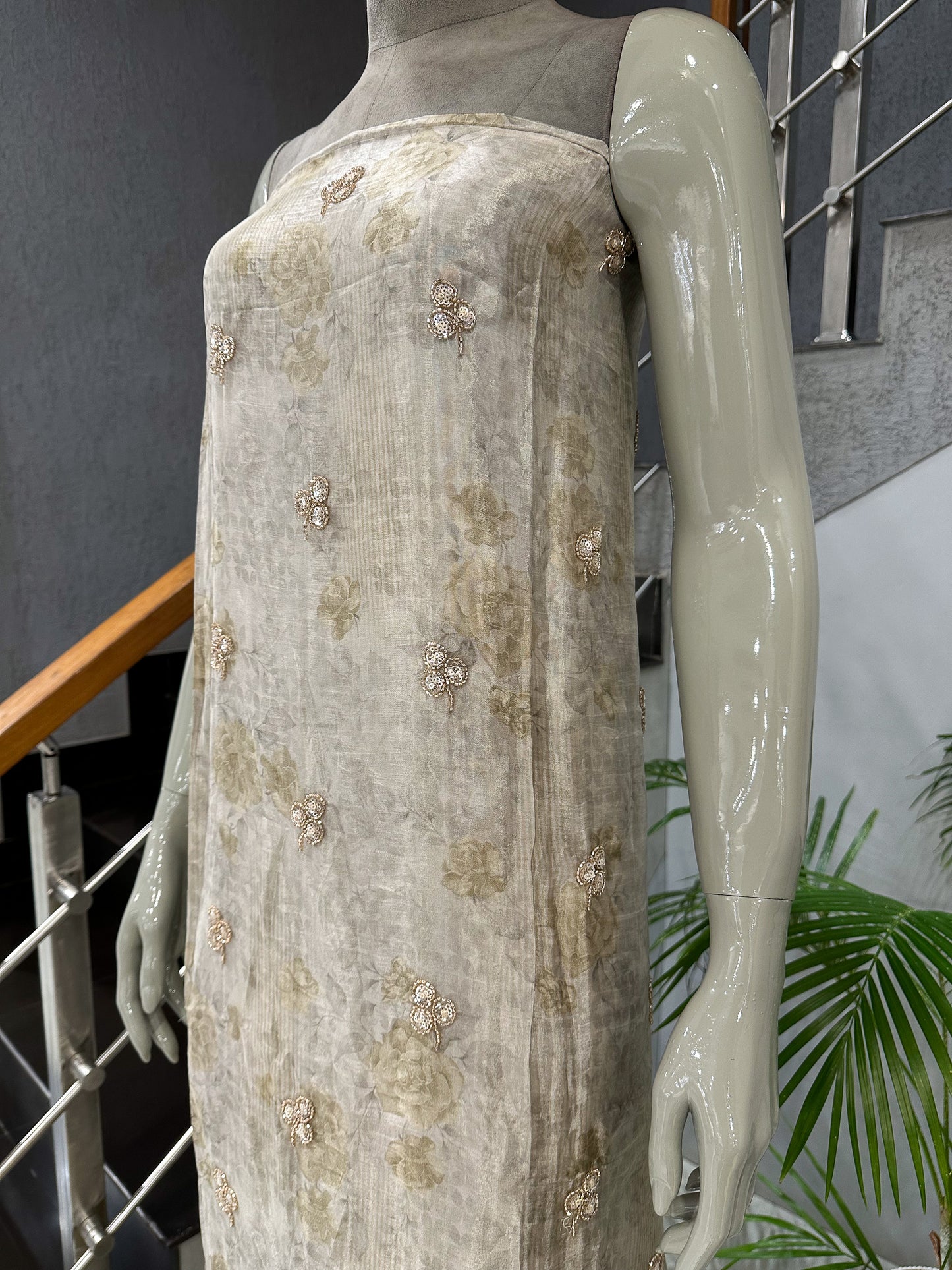 Mustard Gold Floral Digital Print Organza Unstitched Churidar Set with Chiffon Dupatta & Russian Silk Bottom