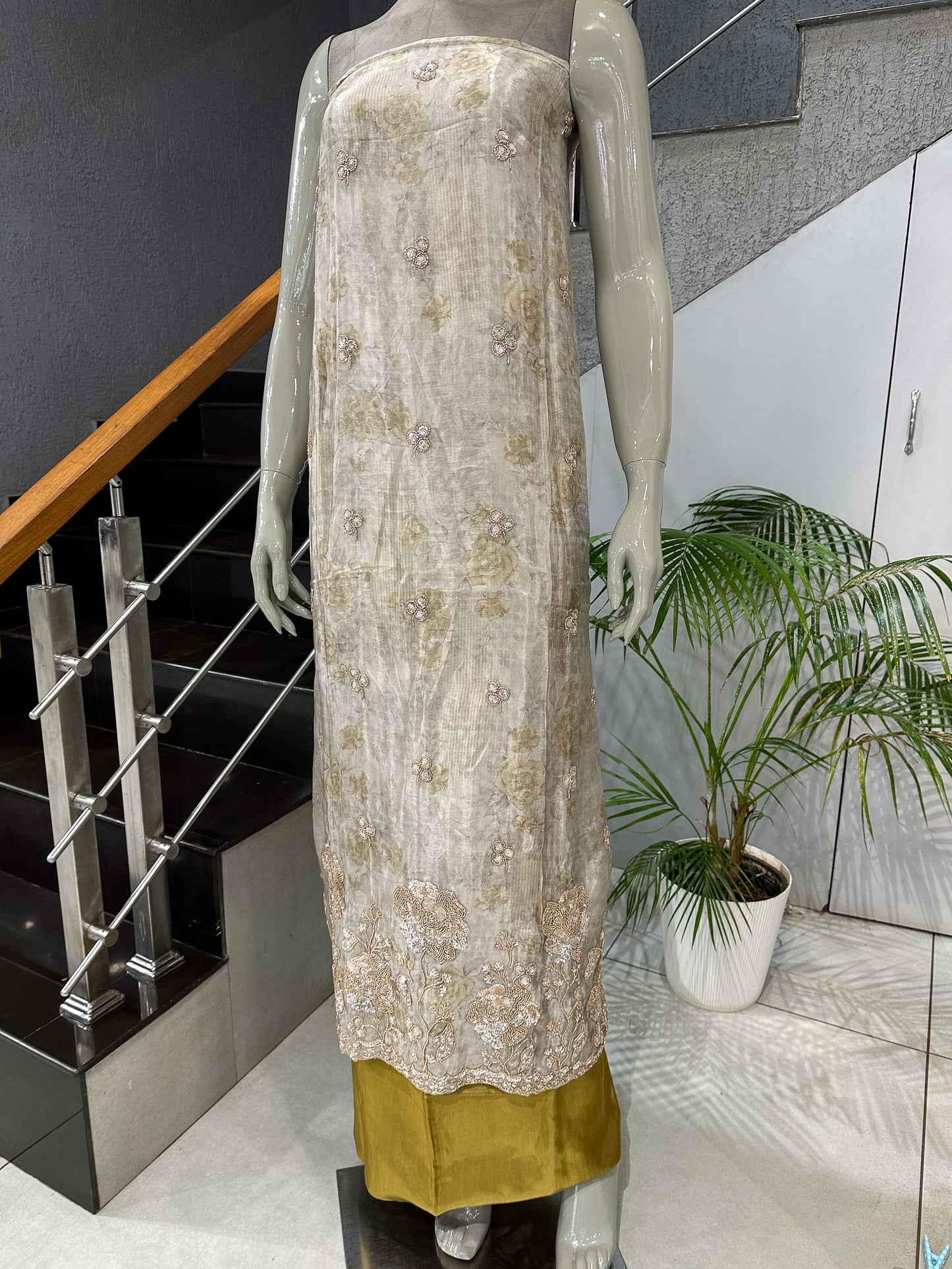 Mustard Gold Floral Digital Print Organza Unstitched Churidar Set with Chiffon Dupatta & Russian Silk Bottom