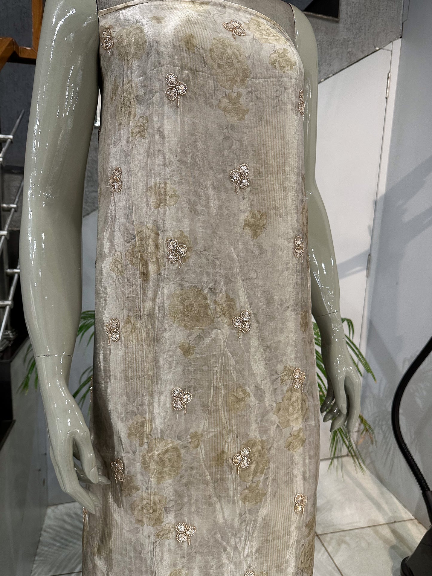 Mustard Gold Floral Digital Print Organza Unstitched Churidar Set with Chiffon Dupatta & Russian Silk Bottom