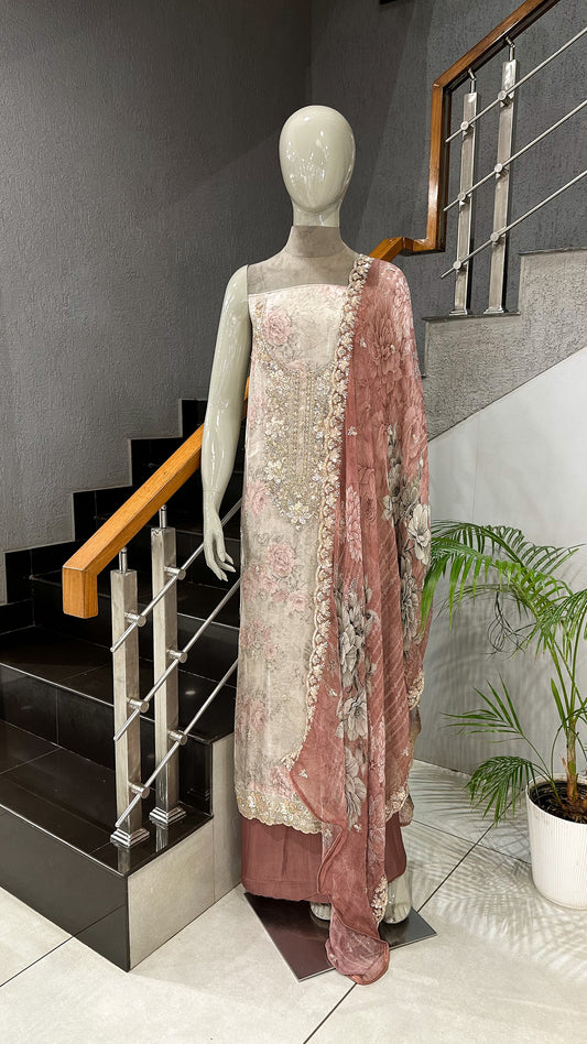 Dusty Rose Floral Organza Unstitched Churidar Set with Embroidered Neck, Chiffon Dupatta & Russian Silk Bottom