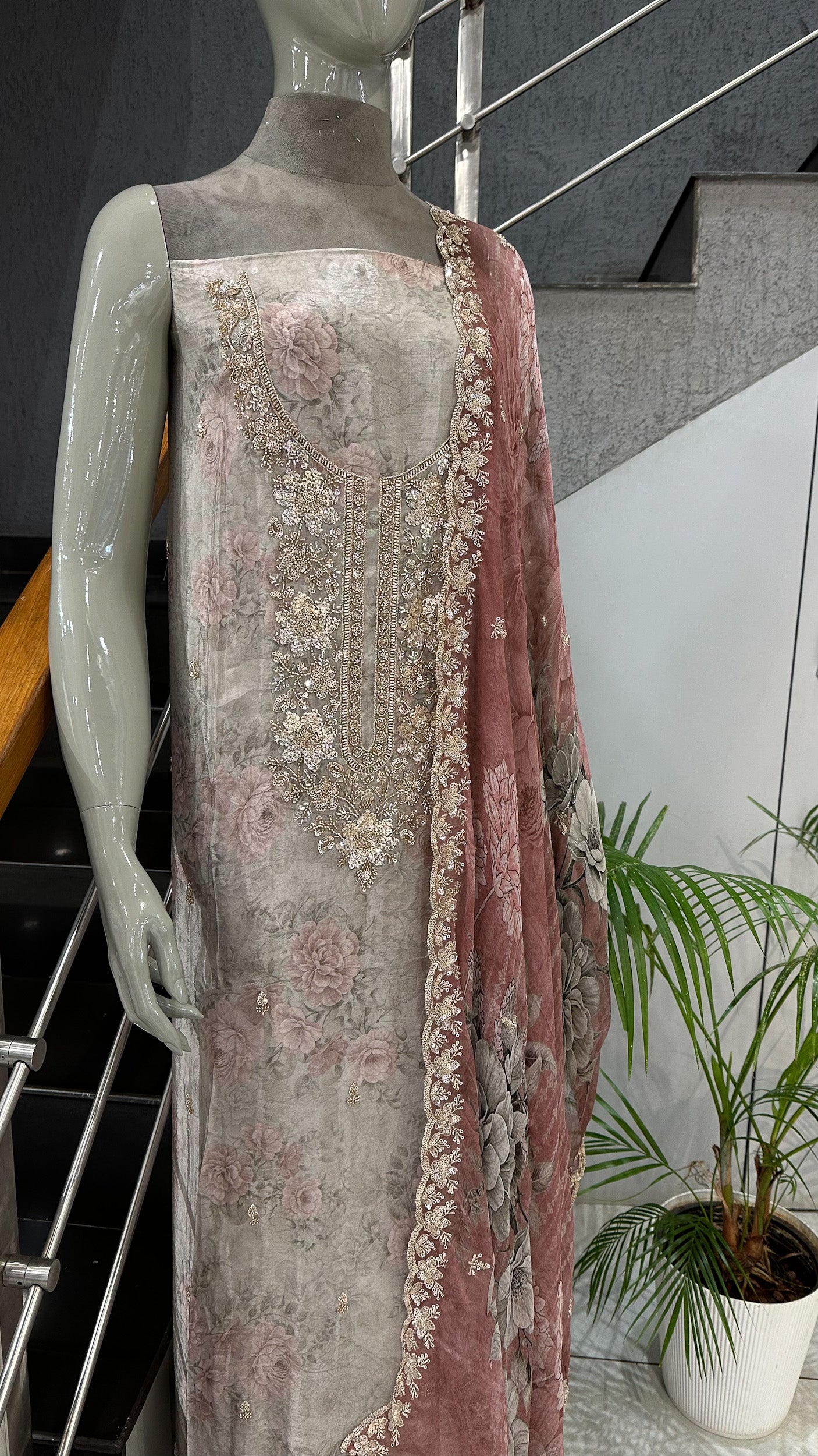 Dusty Rose Floral Organza Unstitched Churidar Set with Embroidered Neck, Chiffon Dupatta & Russian Silk Bottom