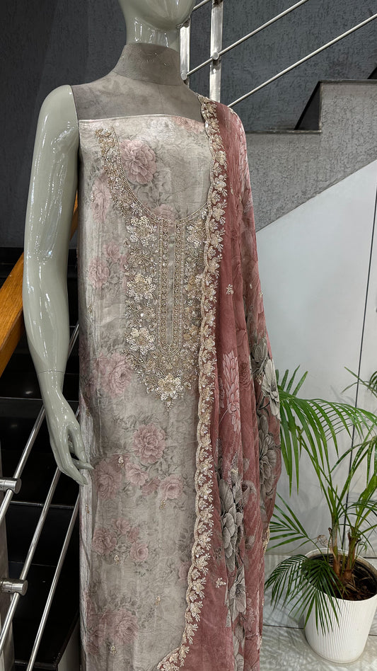 Dusty Rose Floral Organza Unstitched Churidar Set with Embroidered Neck, Chiffon Dupatta & Russian Silk Bottom