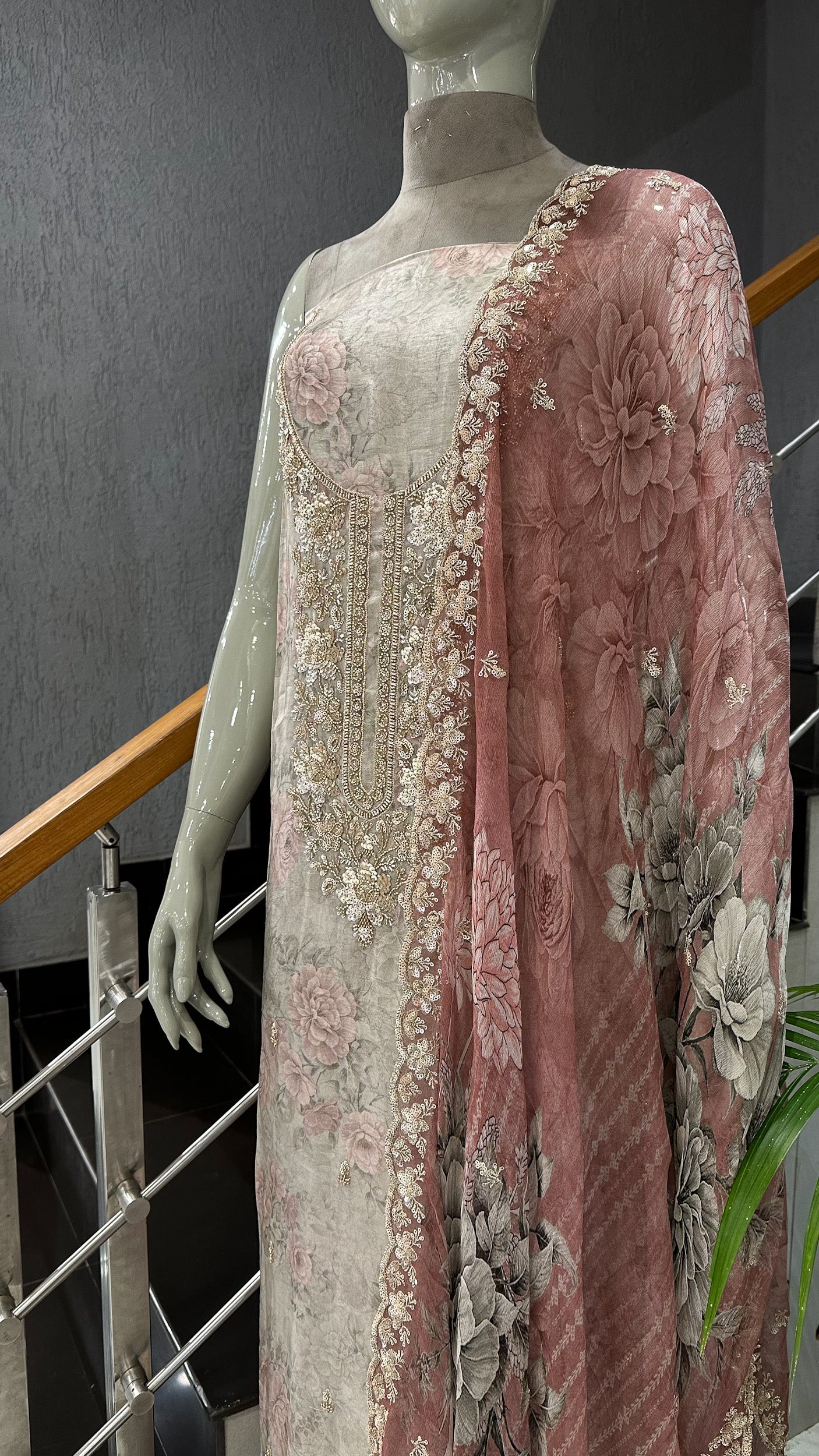 Dusty Rose Floral Organza Unstitched Churidar Set with Embroidered Neck, Chiffon Dupatta & Russian Silk Bottom