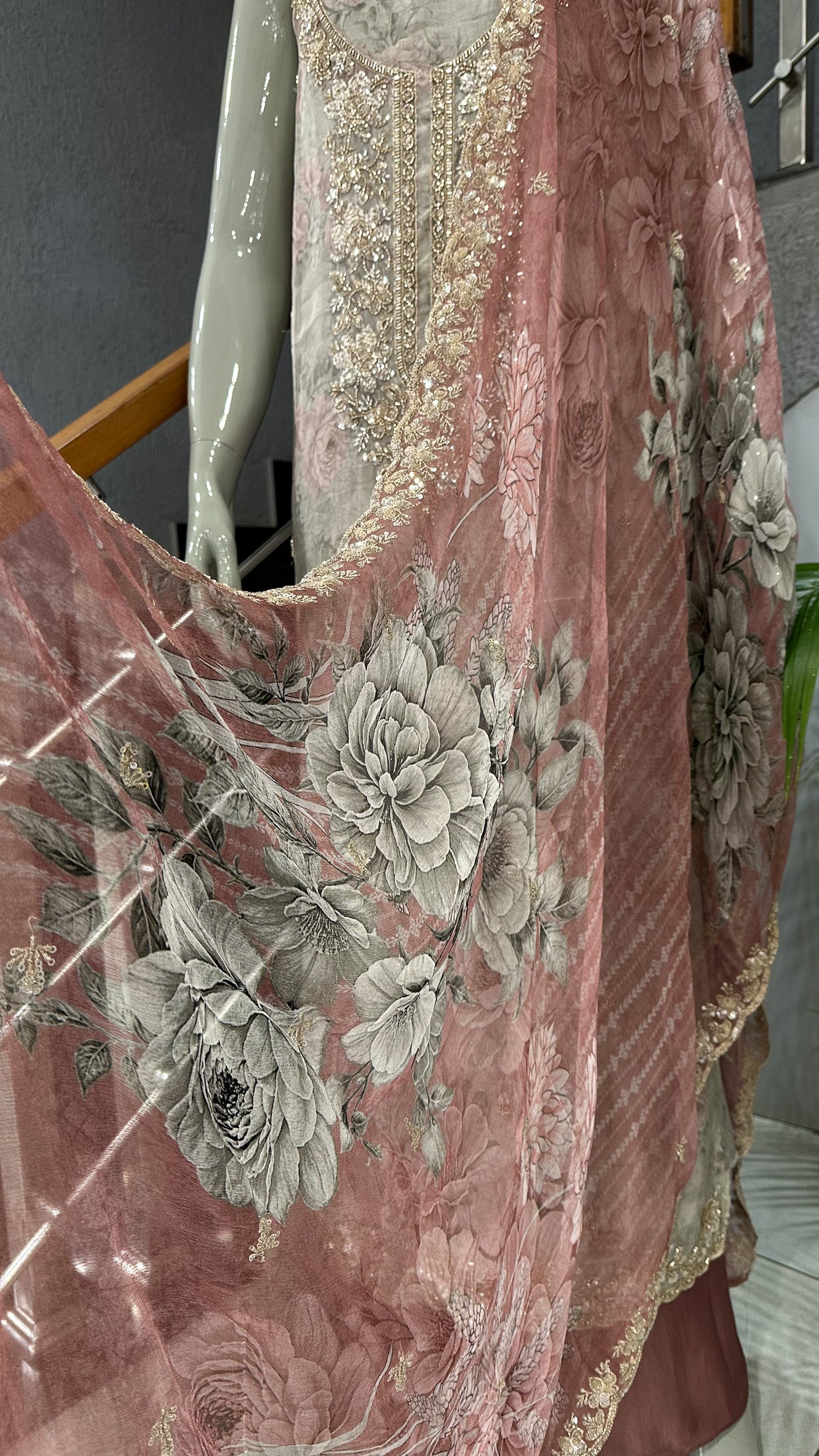 Dusty Rose Floral Organza Unstitched Churidar Set with Embroidered Neck, Chiffon Dupatta & Russian Silk Bottom