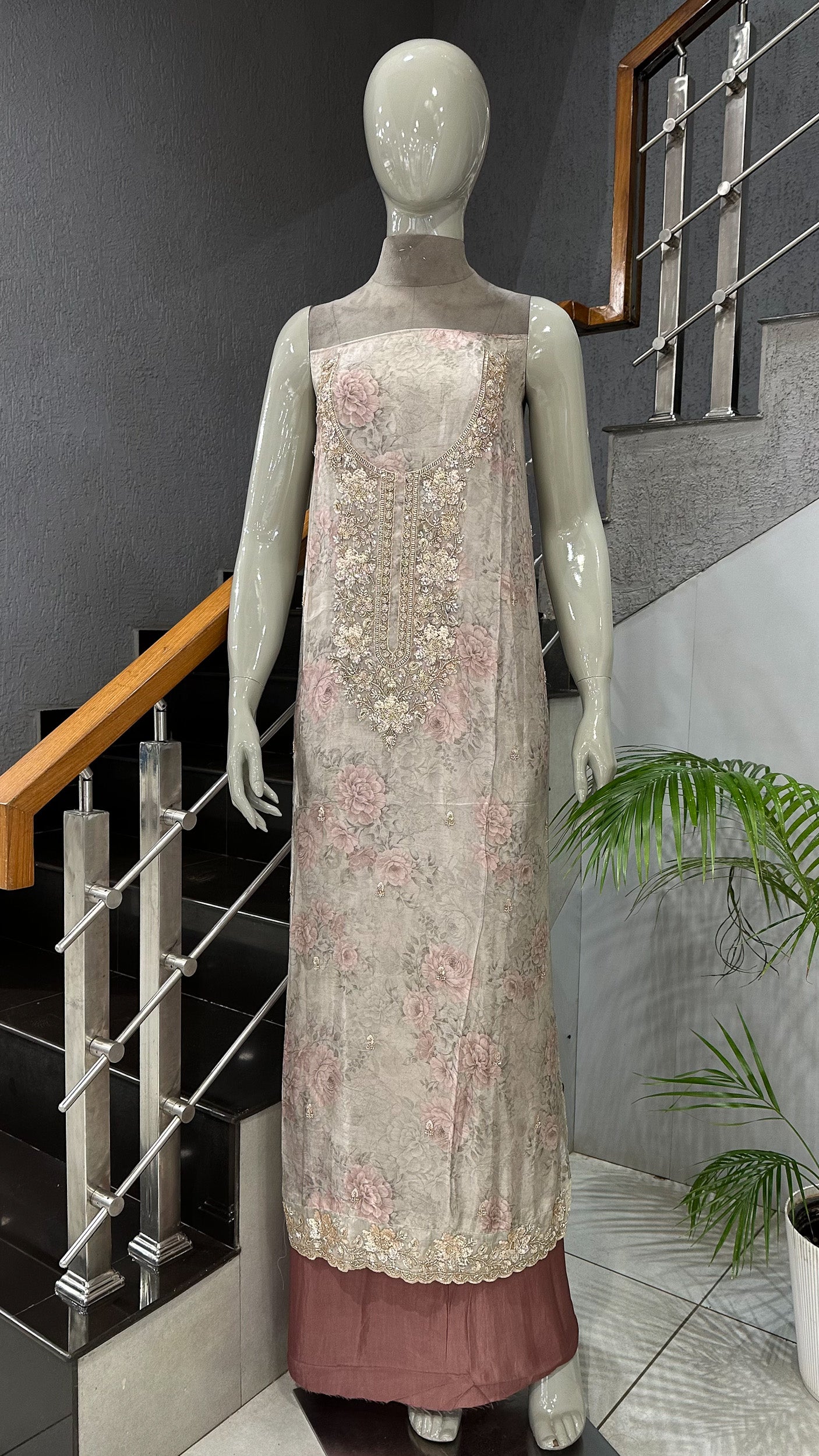 Dusty Rose Floral Organza Unstitched Churidar Set with Embroidered Neck, Chiffon Dupatta & Russian Silk Bottom