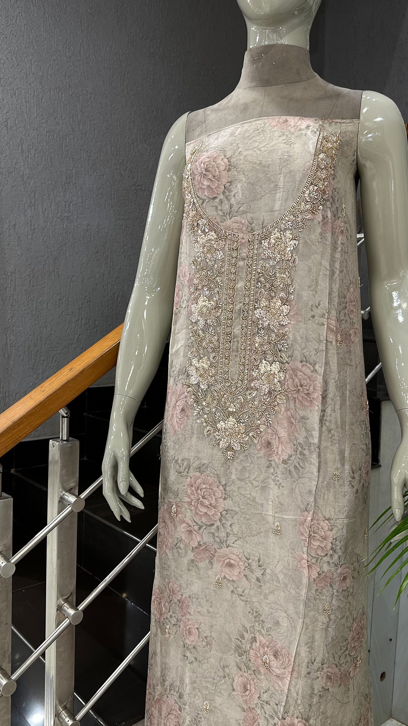 Dusty Rose Floral Organza Unstitched Churidar Set with Embroidered Neck, Chiffon Dupatta & Russian Silk Bottom