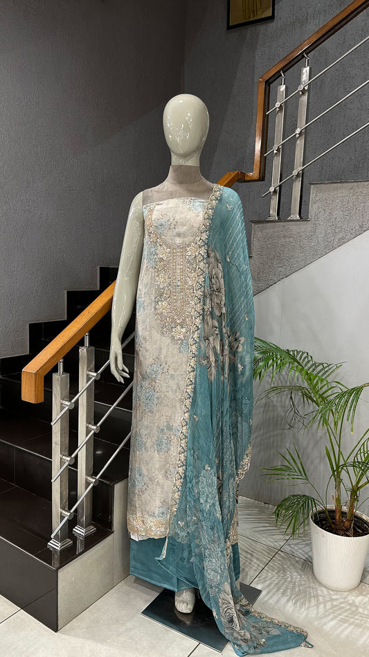 Teal Blue Floral Organza Unstitched Churidar Set with Heavy Embroidery, Chiffon Dupatta & Russian Silk Bottom