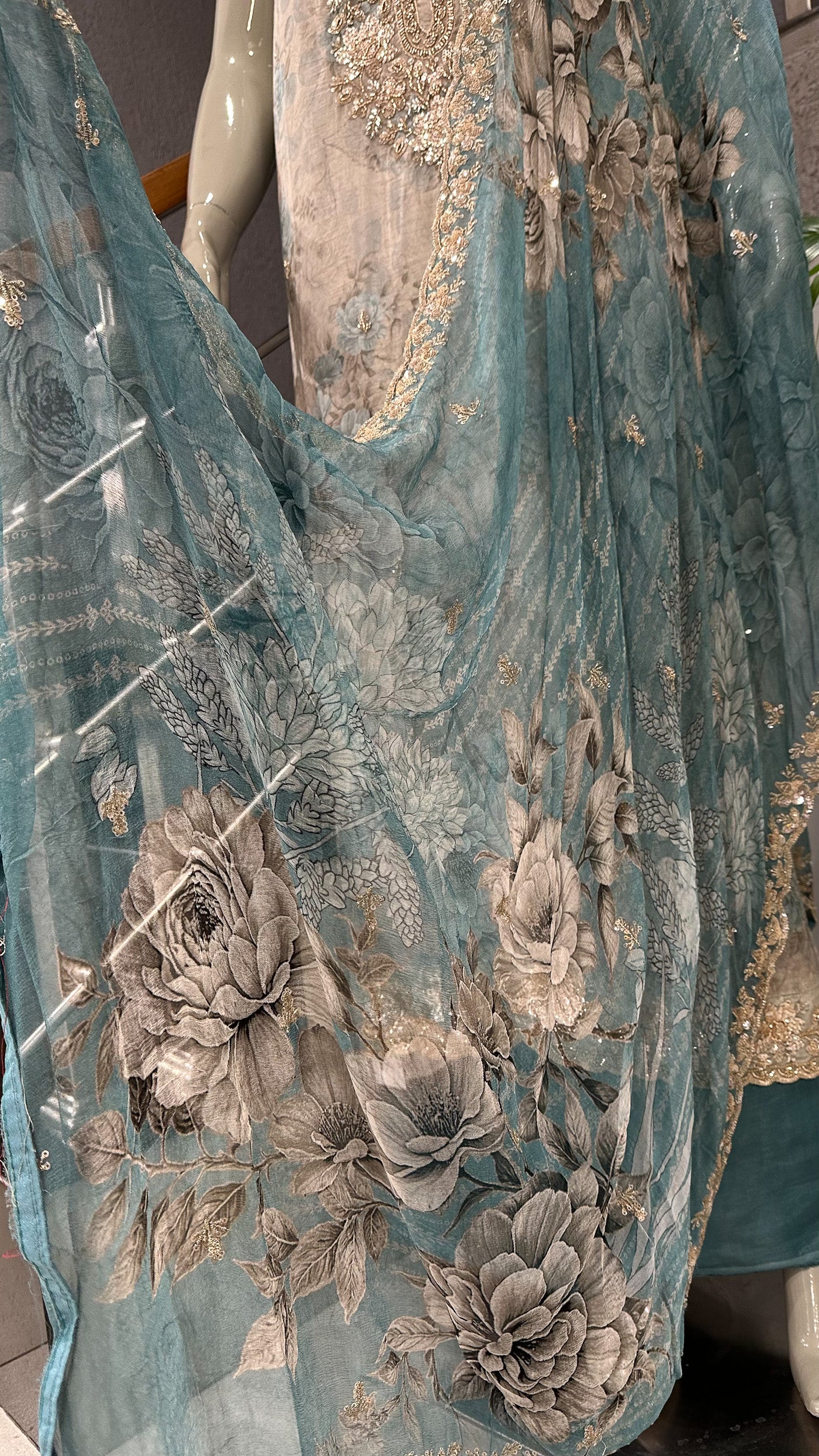 Teal Blue Floral Organza Unstitched Churidar Set with Heavy Embroidery, Chiffon Dupatta & Russian Silk Bottom
