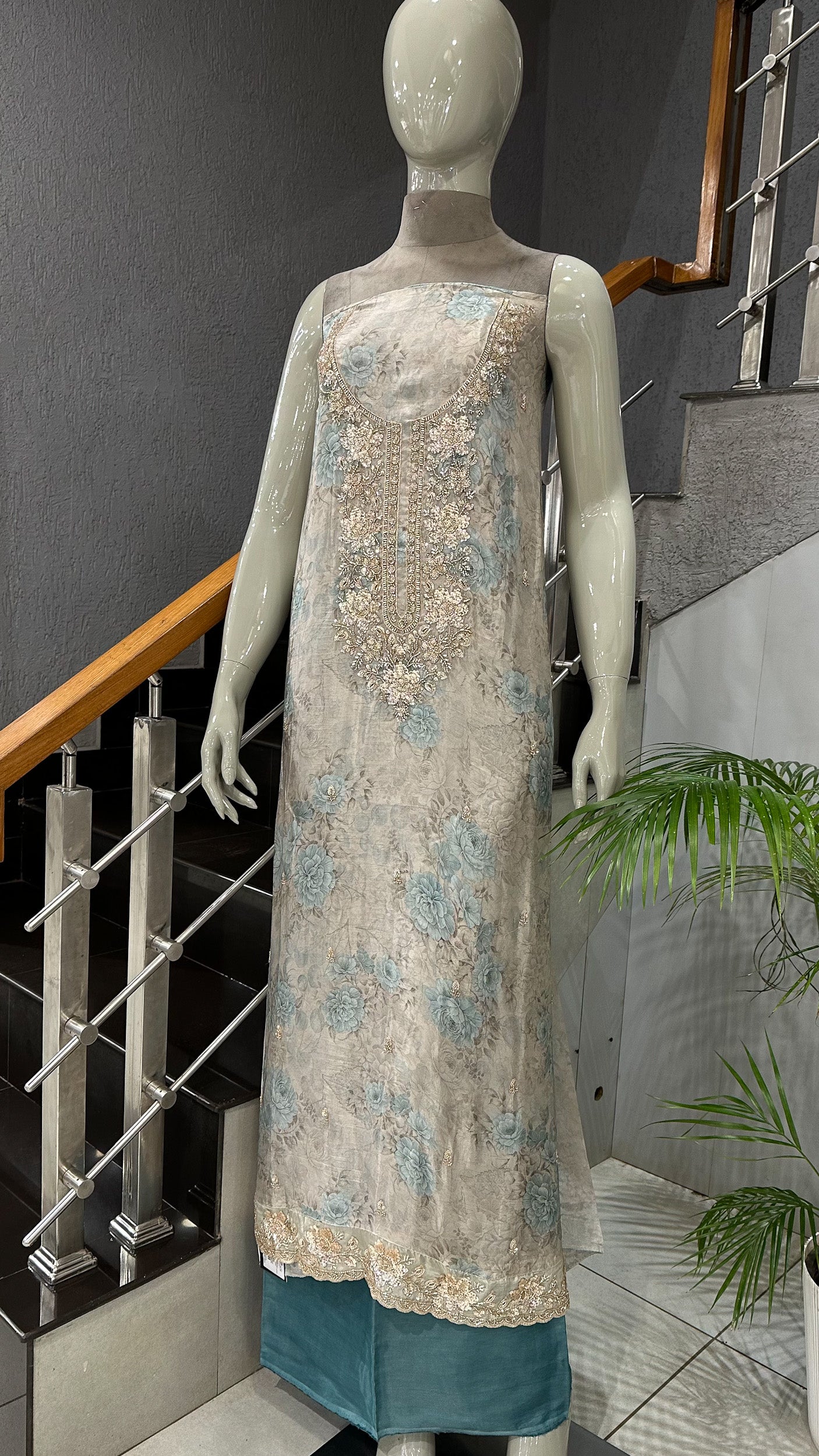 Teal Blue Floral Organza Unstitched Churidar Set with Heavy Embroidery, Chiffon Dupatta & Russian Silk Bottom