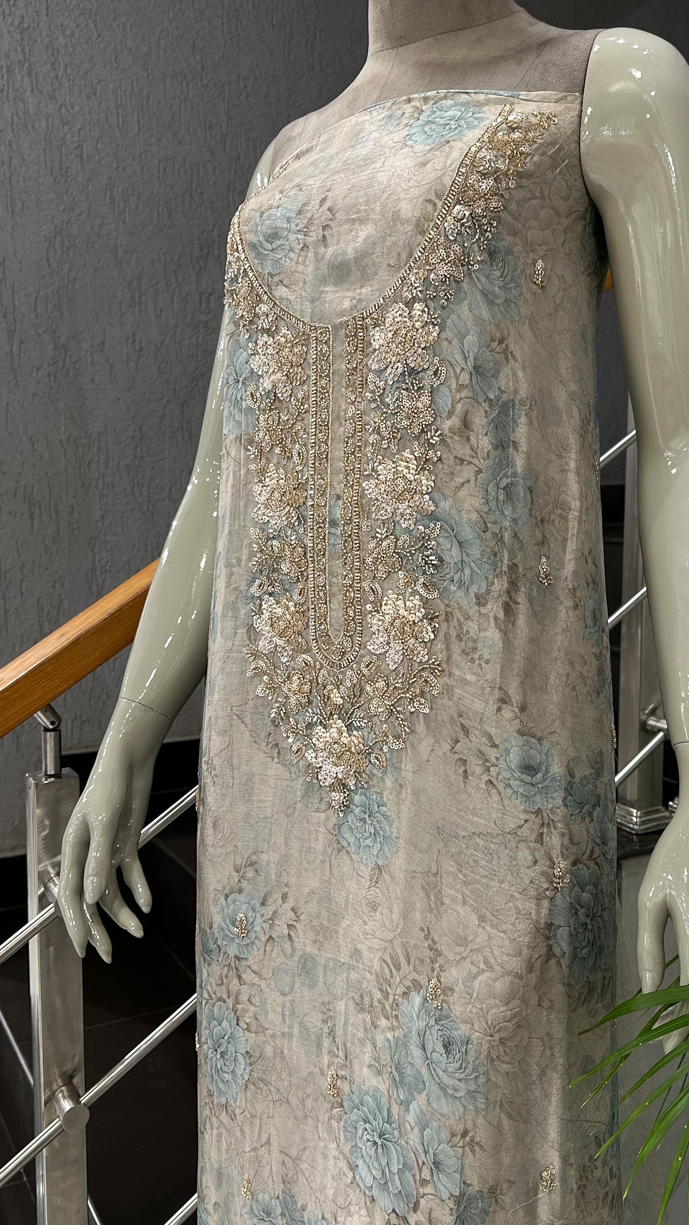 Teal Blue Floral Organza Unstitched Churidar Set with Heavy Embroidery, Chiffon Dupatta & Russian Silk Bottom
