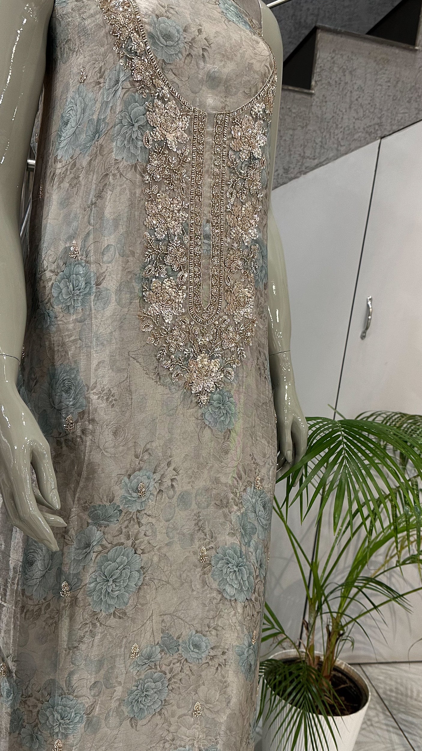 Teal Blue Floral Organza Unstitched Churidar Set with Heavy Embroidery, Chiffon Dupatta & Russian Silk Bottom