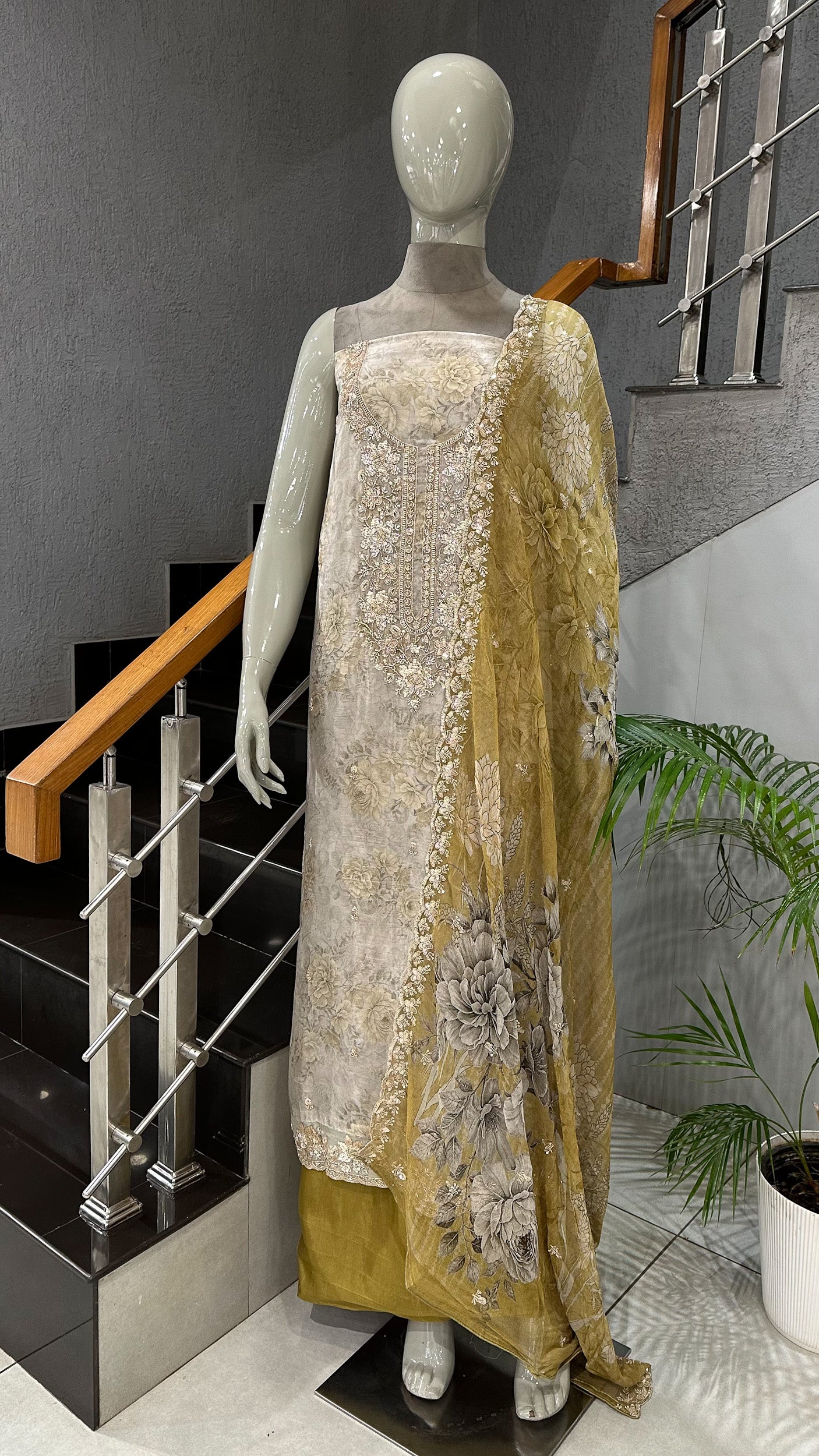 Mustard Gold Floral Organza Unstitched Churidar Set with Heavy Embroidery, Chiffon Dupatta & Russian Silk Bottom