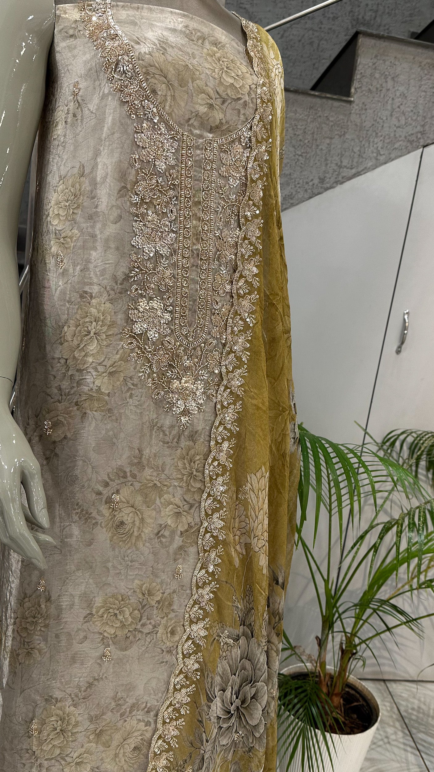 Mustard Gold Floral Organza Unstitched Churidar Set with Heavy Embroidery, Chiffon Dupatta & Russian Silk Bottom