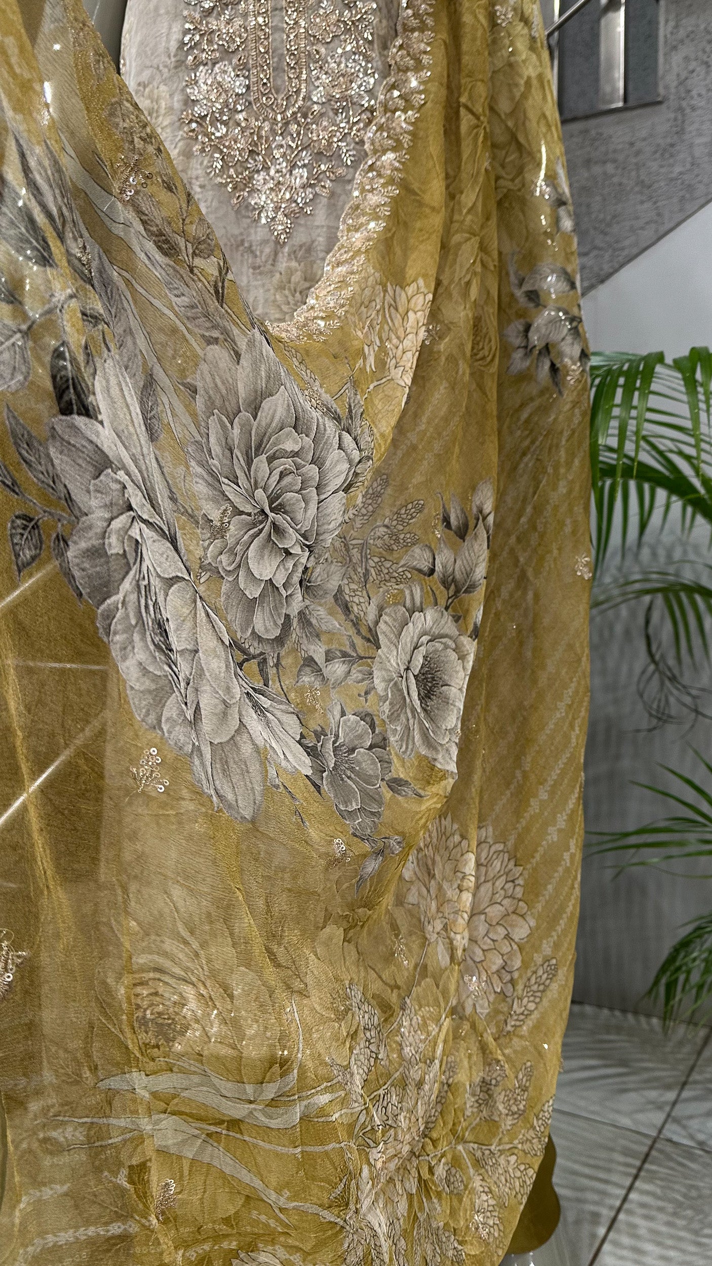 Mustard Gold Floral Organza Unstitched Churidar Set with Heavy Embroidery, Chiffon Dupatta & Russian Silk Bottom