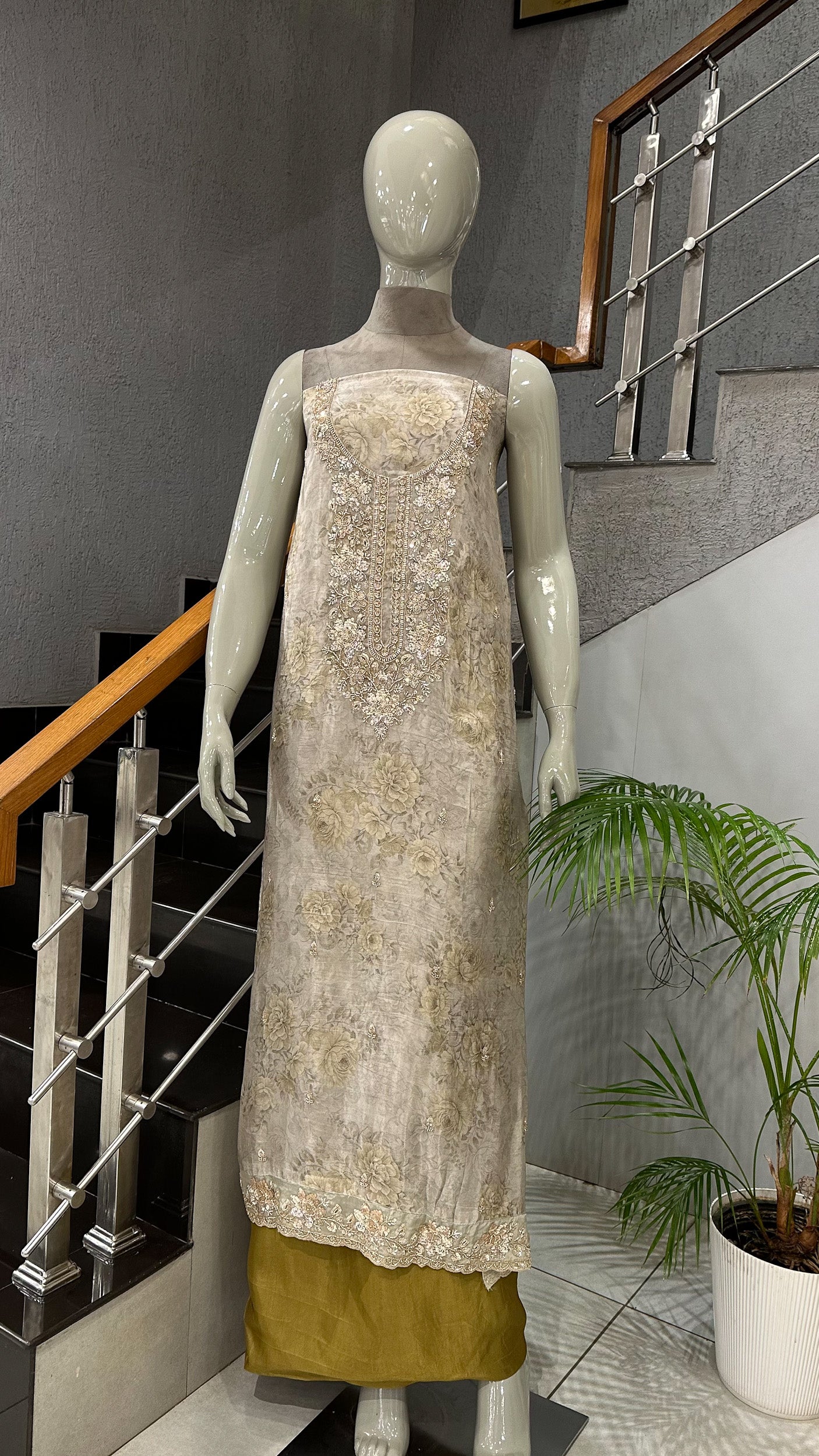 Mustard Gold Floral Organza Unstitched Churidar Set with Heavy Embroidery, Chiffon Dupatta & Russian Silk Bottom