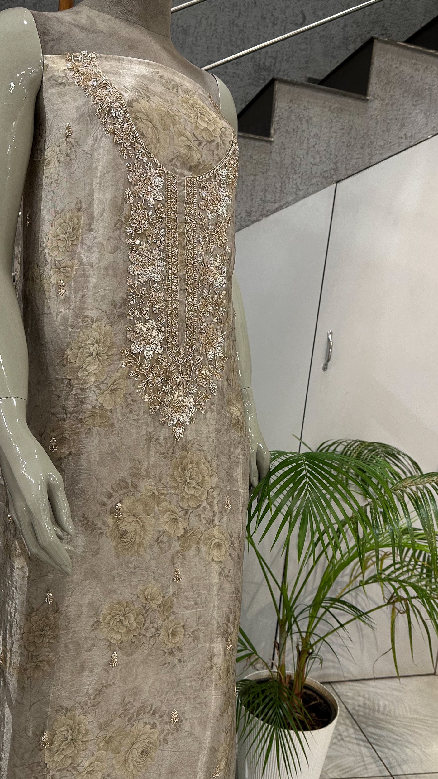 Mustard Gold Floral Organza Unstitched Churidar Set with Heavy Embroidery, Chiffon Dupatta & Russian Silk Bottom