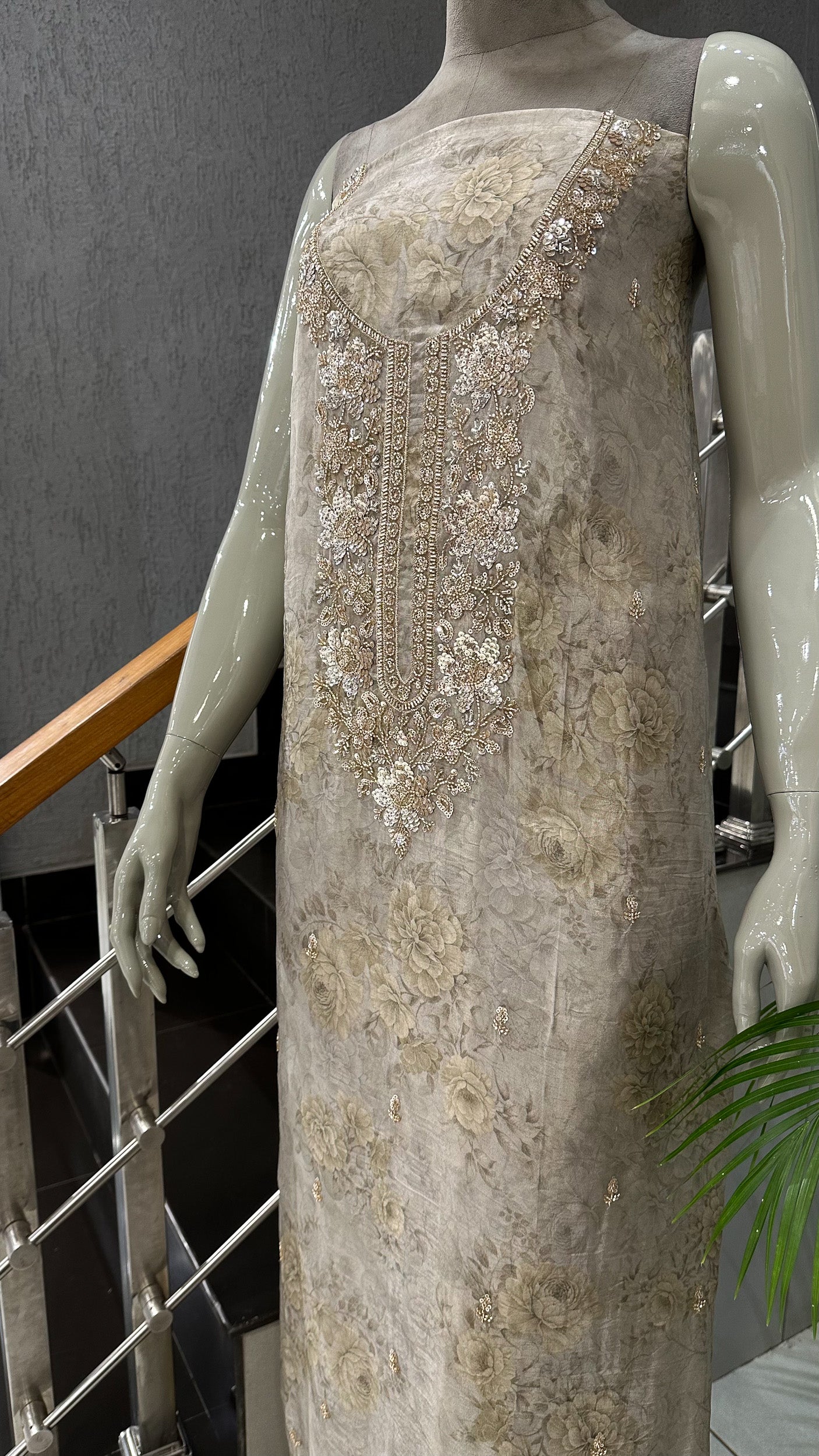 Mustard Gold Floral Organza Unstitched Churidar Set with Heavy Embroidery, Chiffon Dupatta & Russian Silk Bottom