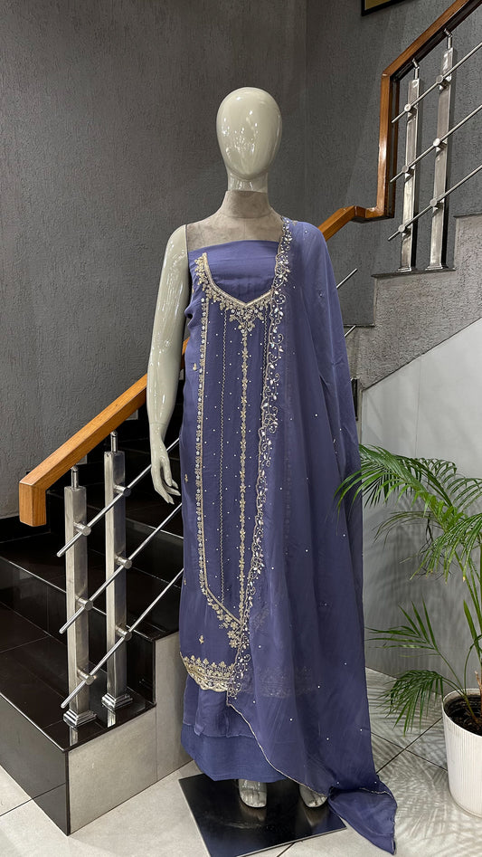 Lavender Organza Unstitched Churidar Set with Antique Cut Beads & Sequin Handwork Dupatta