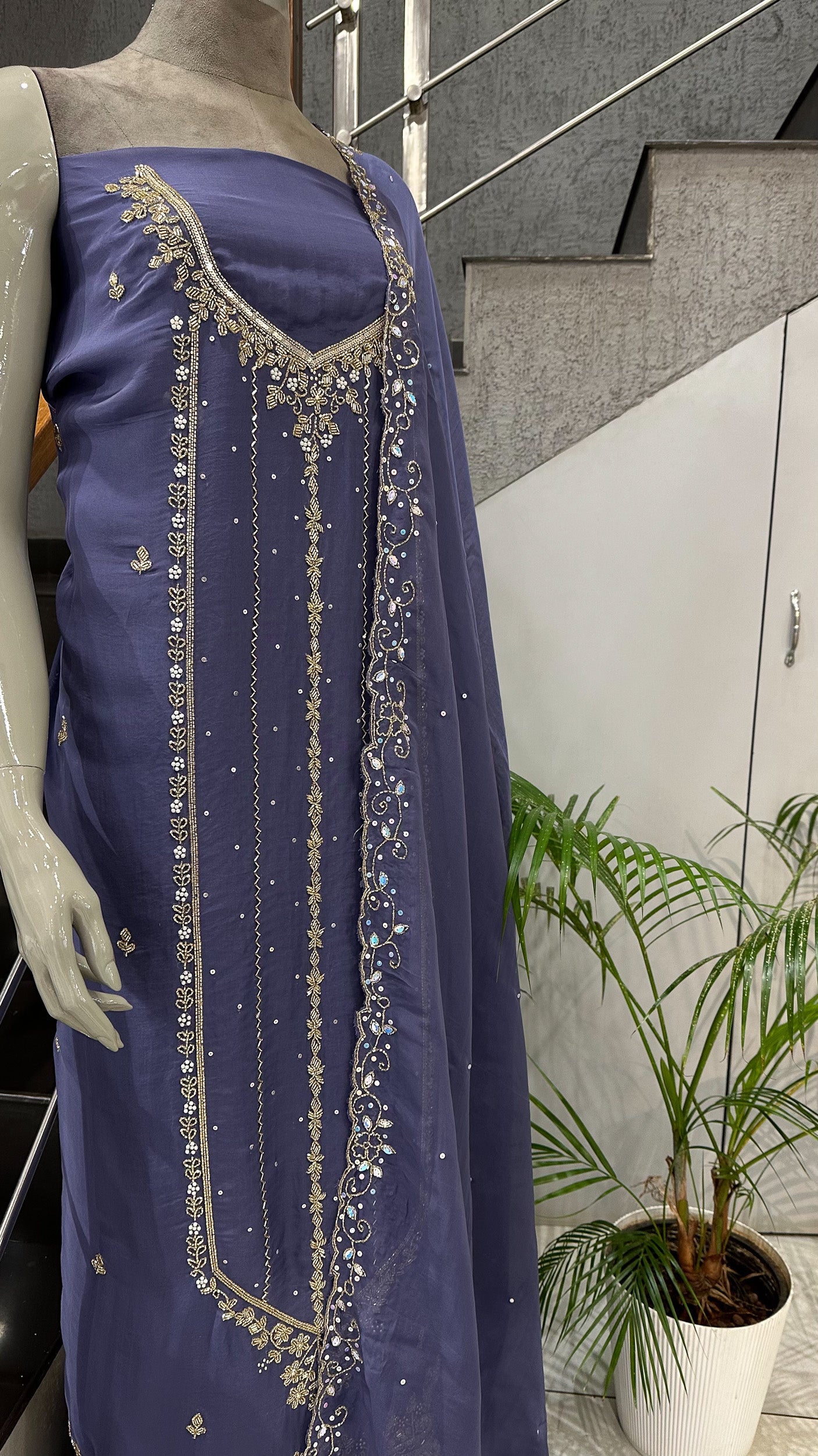 Lavender Organza Unstitched Churidar Set with Antique Cut Beads & Sequin Handwork Dupatta
