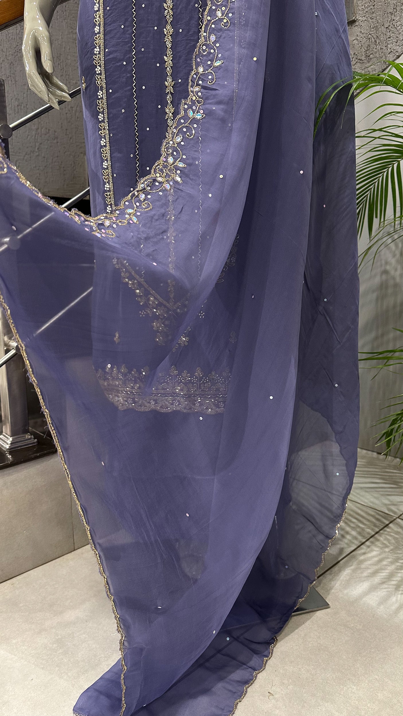 Lavender Organza Unstitched Churidar Set with Antique Cut Beads & Sequin Handwork Dupatta