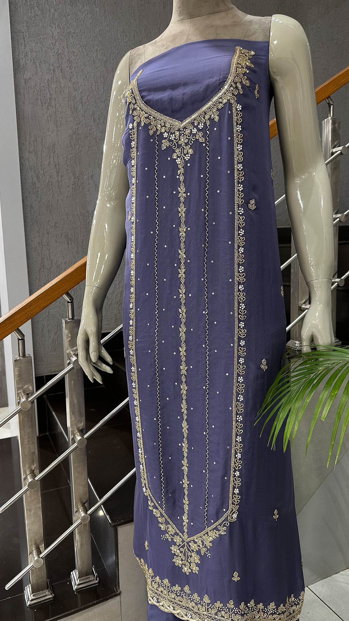 Lavender Organza Unstitched Churidar Set with Antique Cut Beads & Sequin Handwork Dupatta