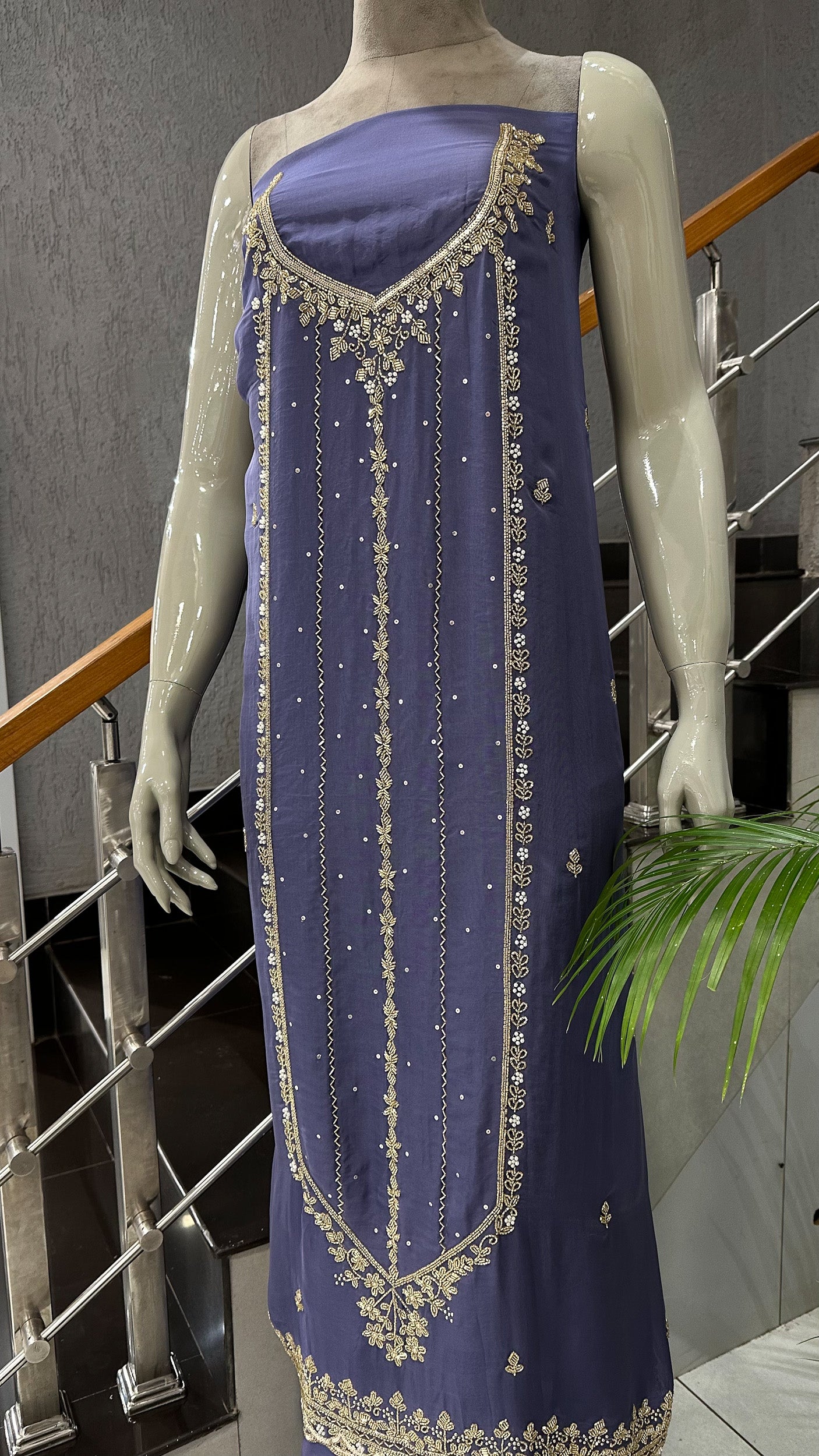 Lavender Organza Unstitched Churidar Set with Antique Cut Beads & Sequin Handwork Dupatta